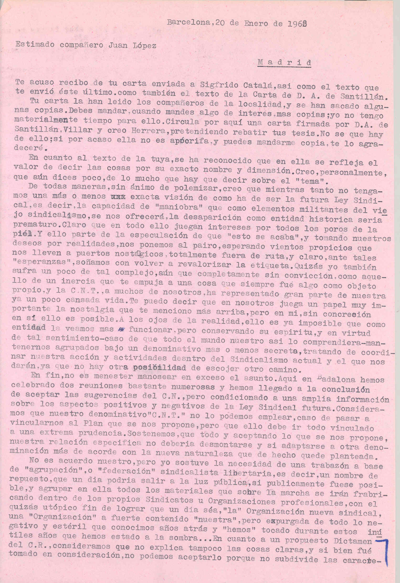 Carta de José Costa Font contando que han llegado a la conclusión de aceptar las sugerencias del Comité Nacional condicionado a amplia información de la Ley sindical.