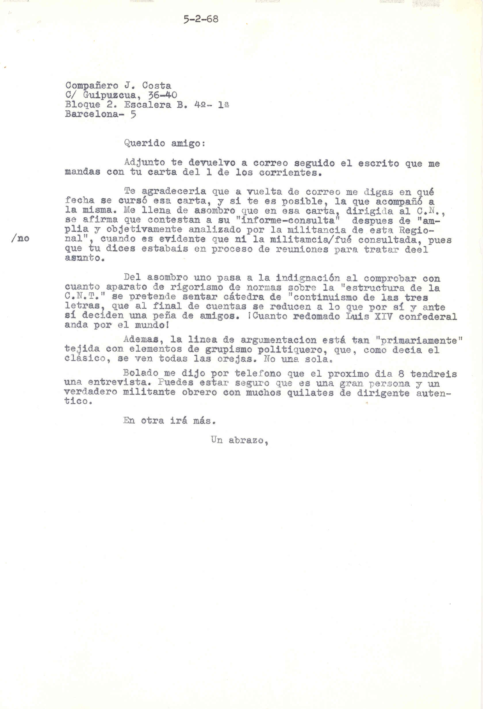 Carta a José Costa Font hablando del informe-consulta del Comité Nacional sobre reestructuración orgánica de la CNT de cara a la nueva Ley sindical.