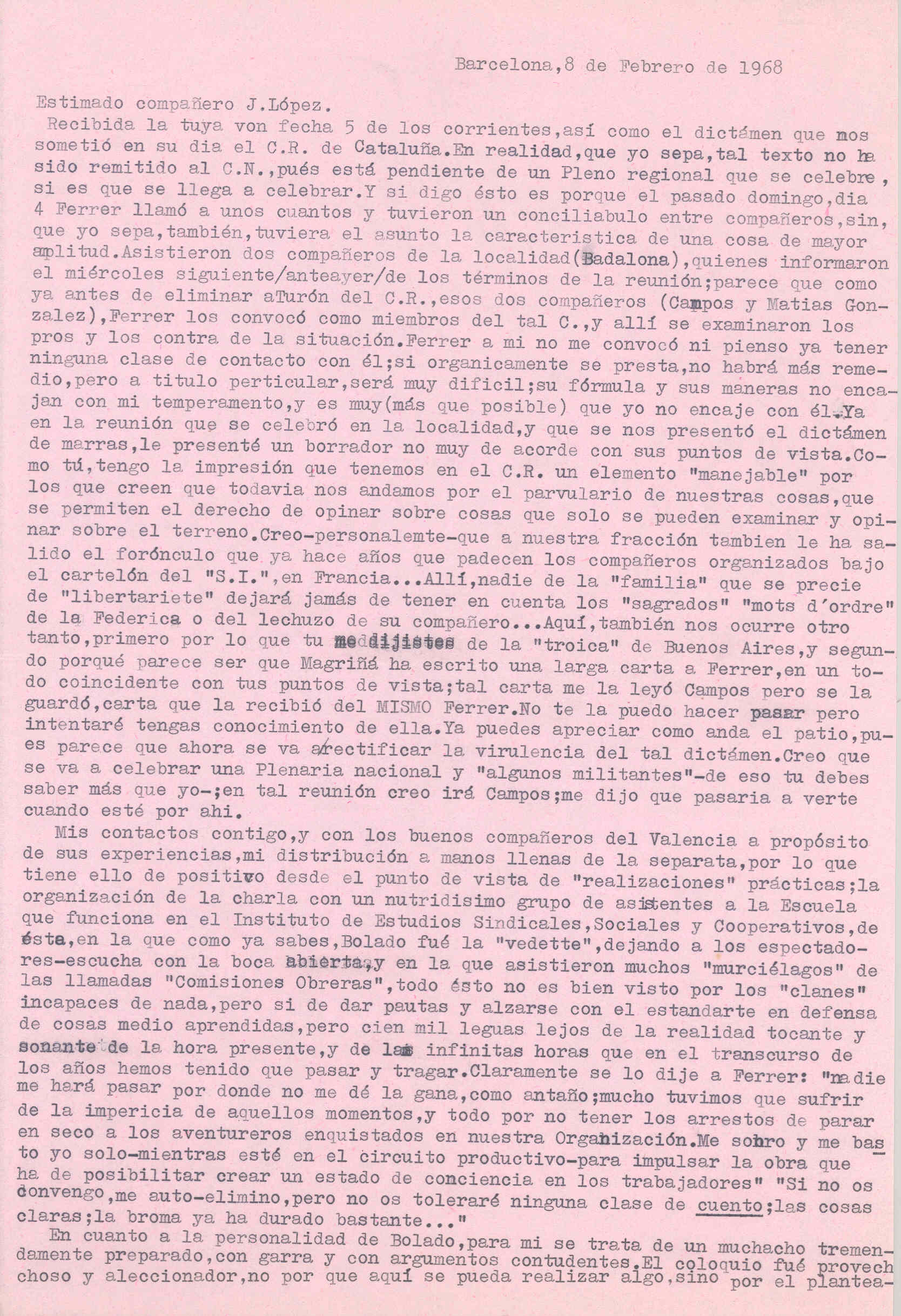 Carta de José Costa Font hablando de los desacuerdos que hay con Ferrer en la Organización.