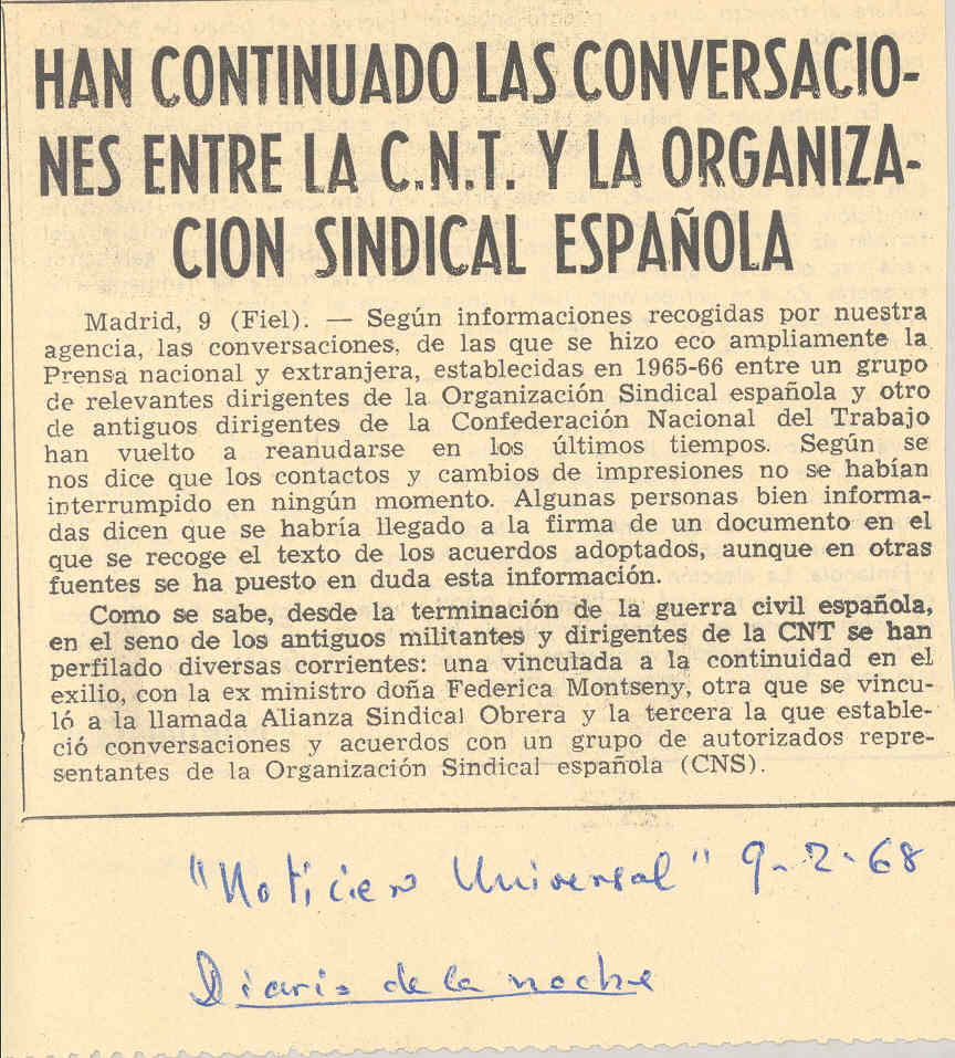 Han continuado las conversaciones entre la CNT y la Organización Sindical Española.