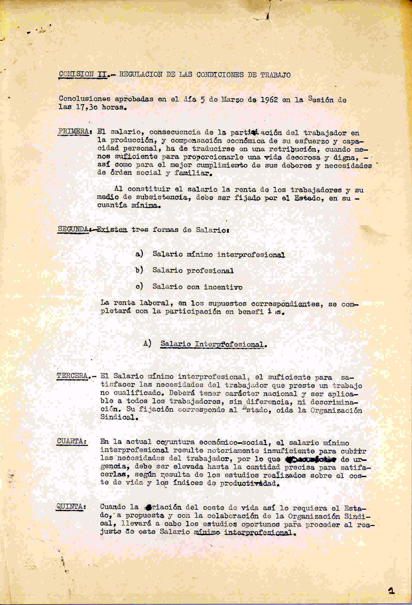 Copia de las conclusiones del II Congreso Nacional Sindical, celebrado en Madrid en marzo de 1962.