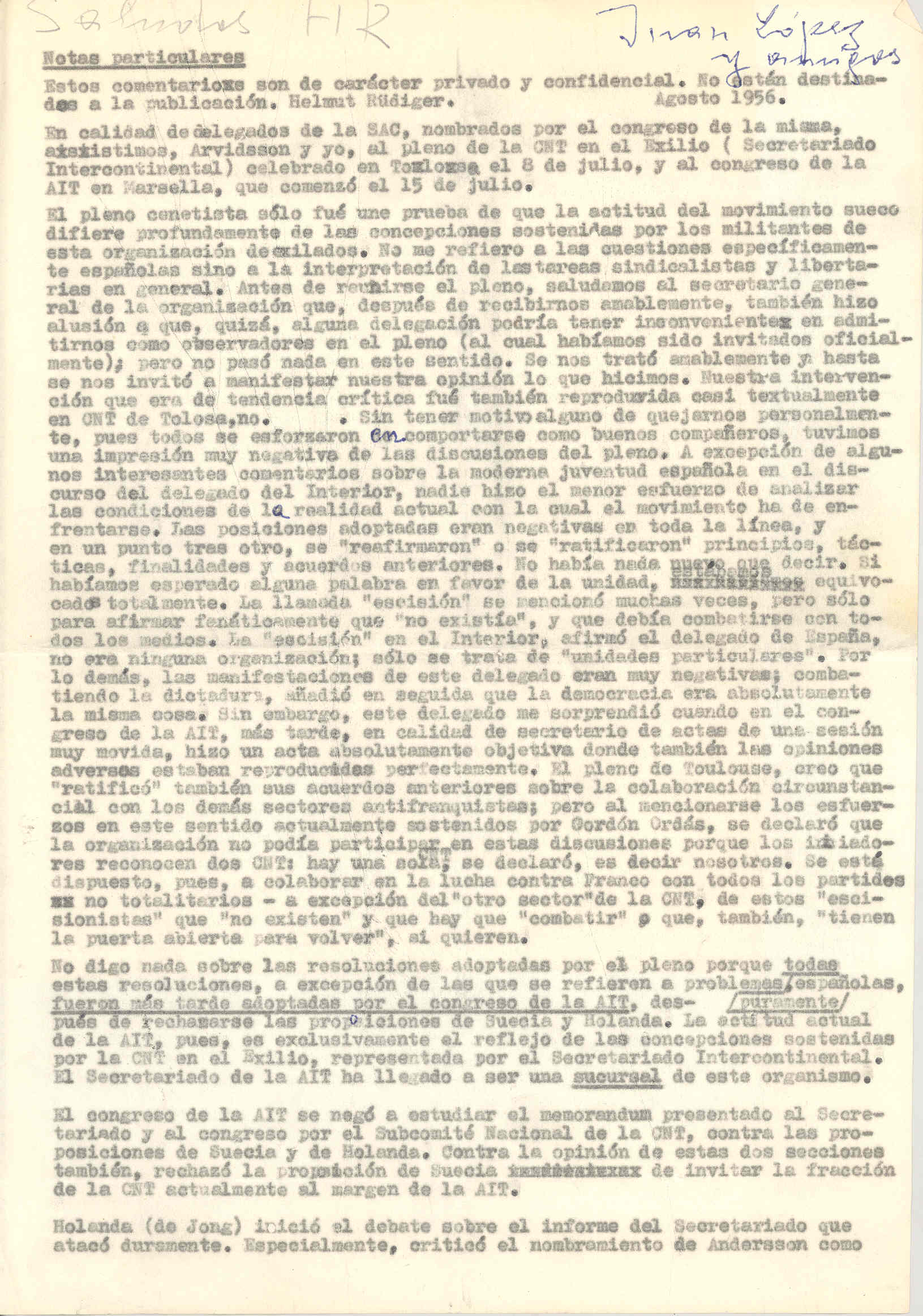 Carta de Helmut Rüdiger en la que hace comentarios sobre las diferencias entre la SAC y la CNT en el exilio