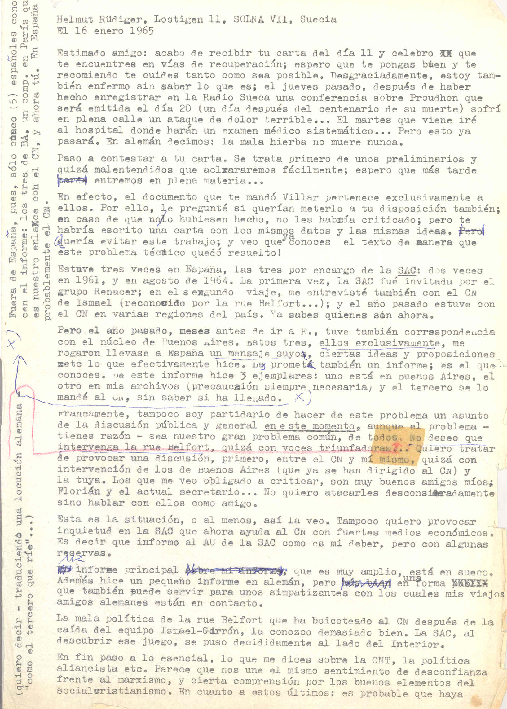 Carta de Helmut Rüdiger hablando sobre la elaboración de un informe realizado a petición de Villar, Herrera y Diego Abad de Santillán y que fue llevado a España