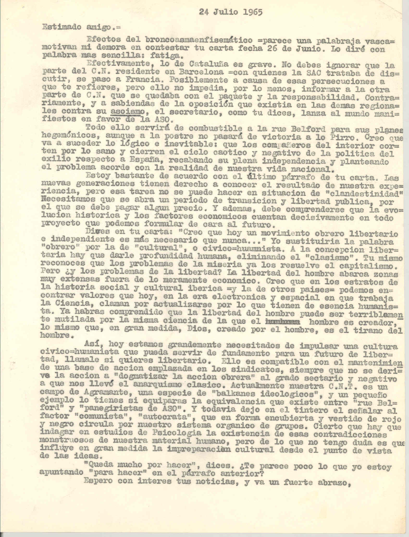 Carta a Helmut Rüdiger en la que comenta los problemas de CNT en el exilio y la posibilidad de la separación de la CNT del interior de la del exilio por estos problemas