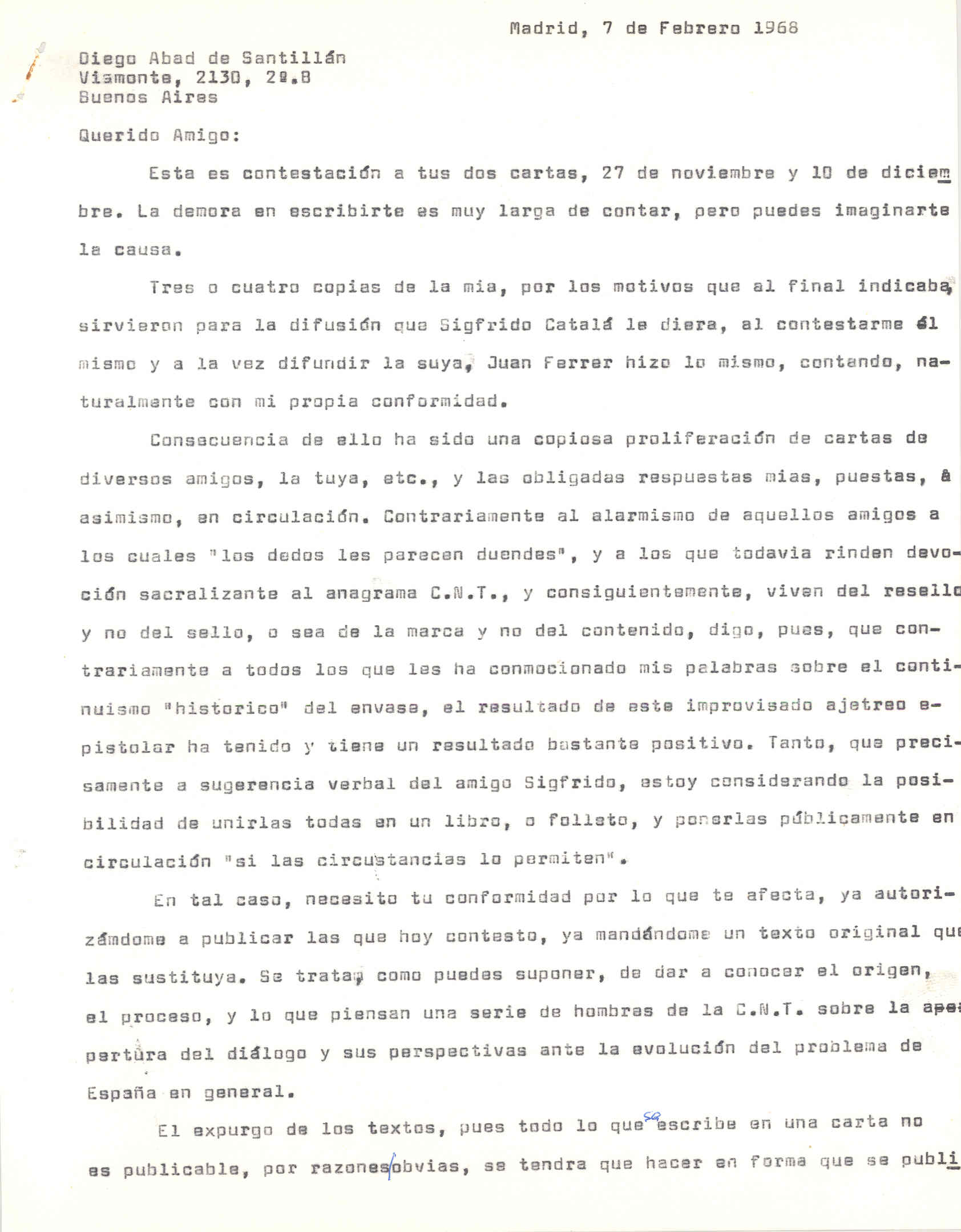 Carta a Diego Abad de Santillán sobre las perspectivas ante la evolución del problema de España en general (1917-1962).