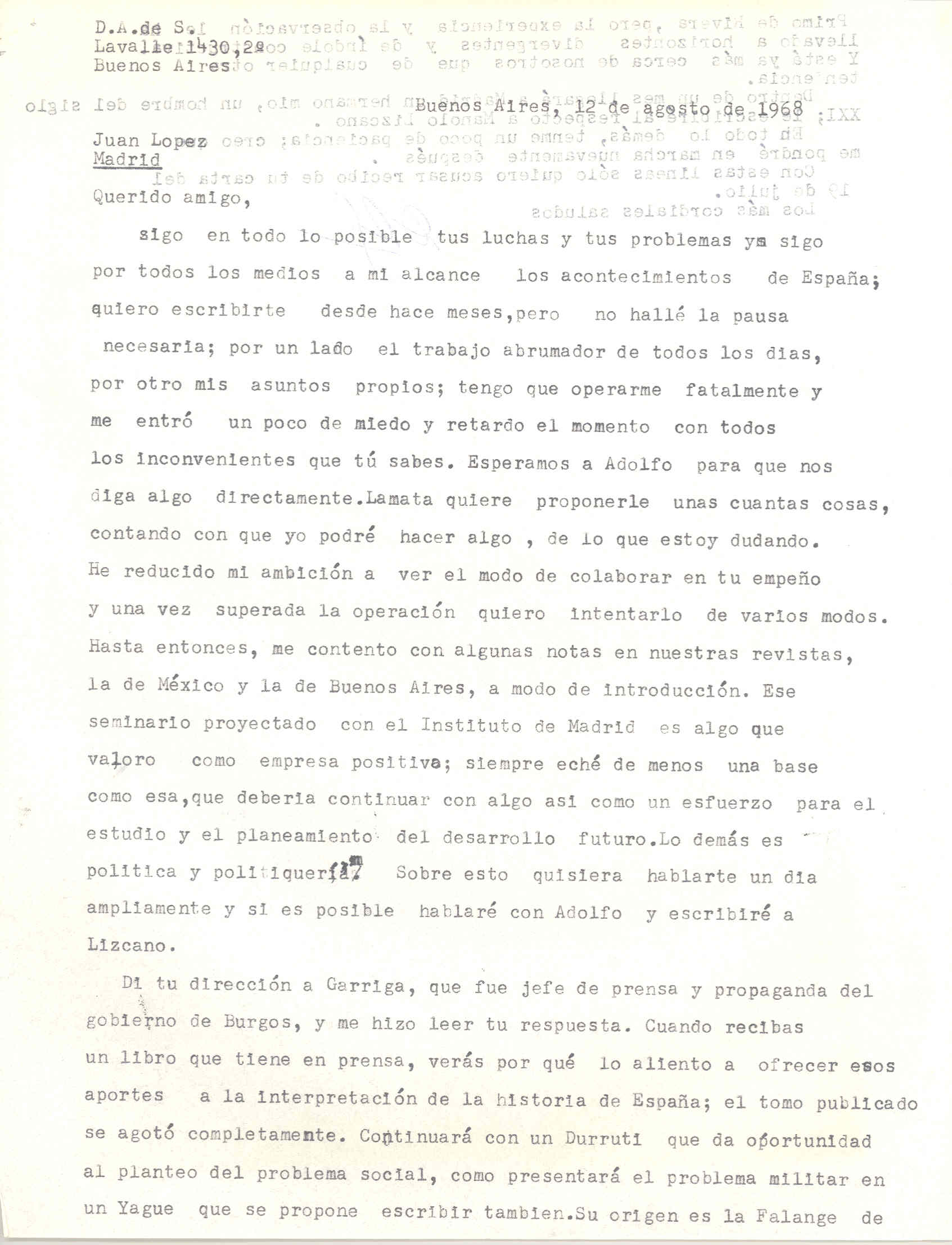 Carta de Diego Abad de Santillán sobre sus ambiciones por colaborar en el futuro.