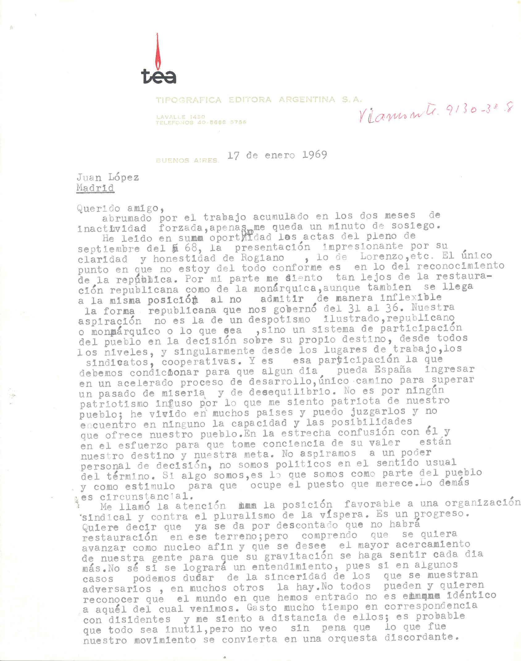 Carta de Diego Abad de Santillán sobre las actas del Pleno Regional de Septiembre de 1968 y el confrontamiento de personas para intentar conseguir algún acuerdo y alguna unidad.