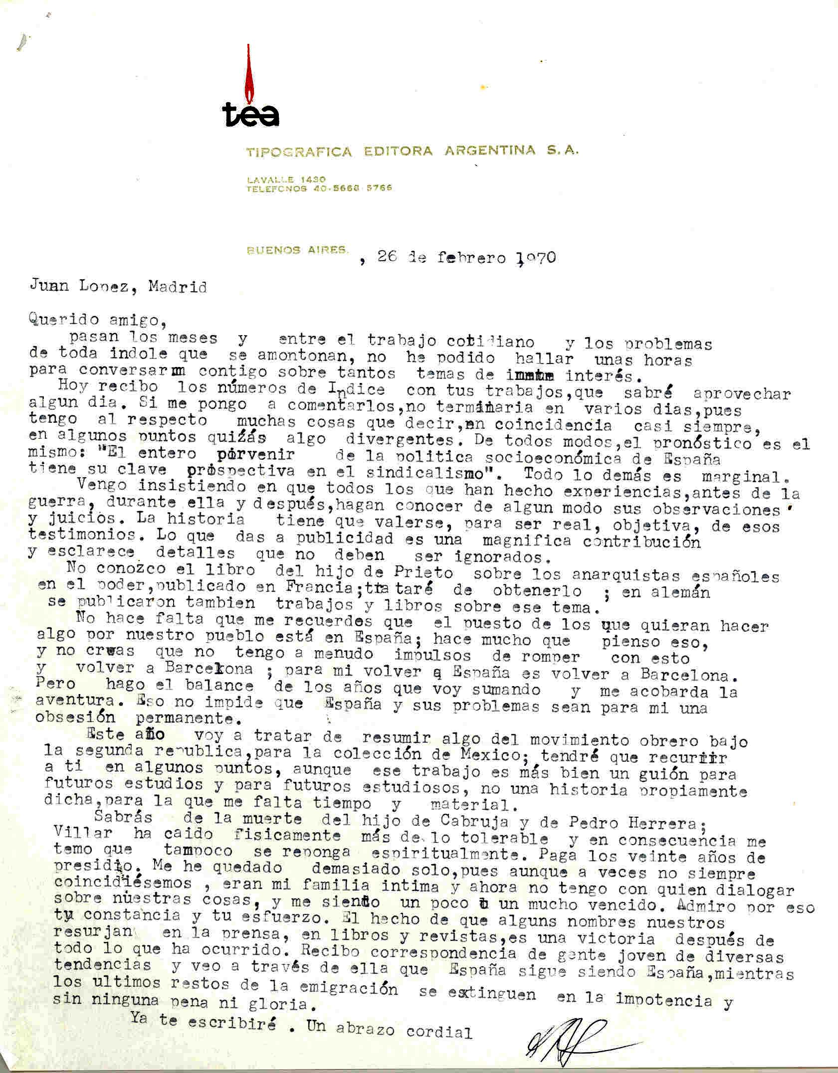 Carta de Diego Abad de Santillán sobre diversas publicaciones y problemas de España