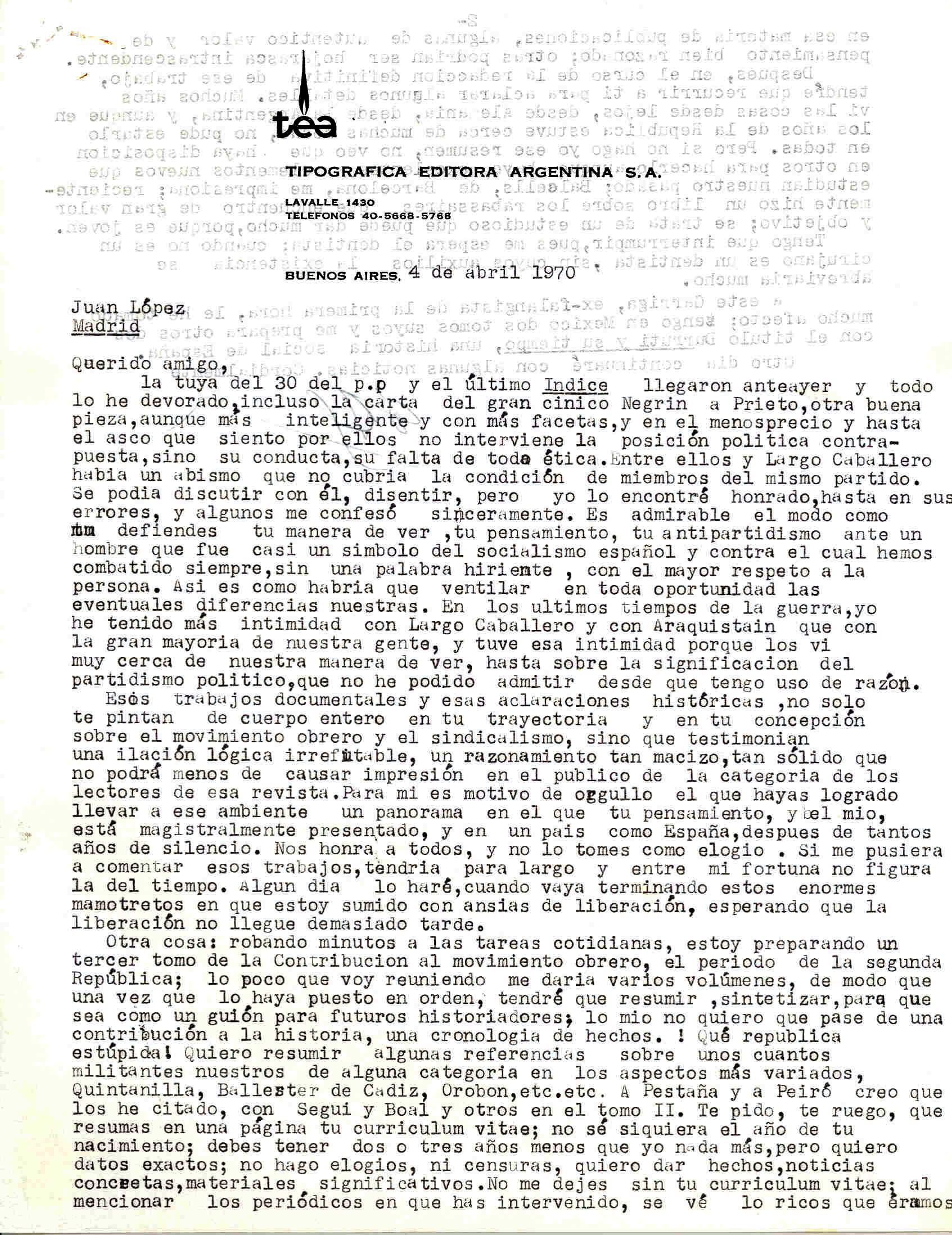Carta de Diego Abad de Santillán sobre Largo Caballero y la preparación del tercer T. de la Contribución al movimiento obrero