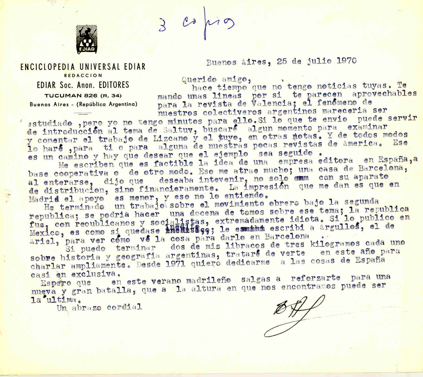 Carta de Diego Abad de Santillán informando que es factible la idea de la empresa editora en España y que ha terminado el trabajo del movimiento obrero bajo la Segunda República.