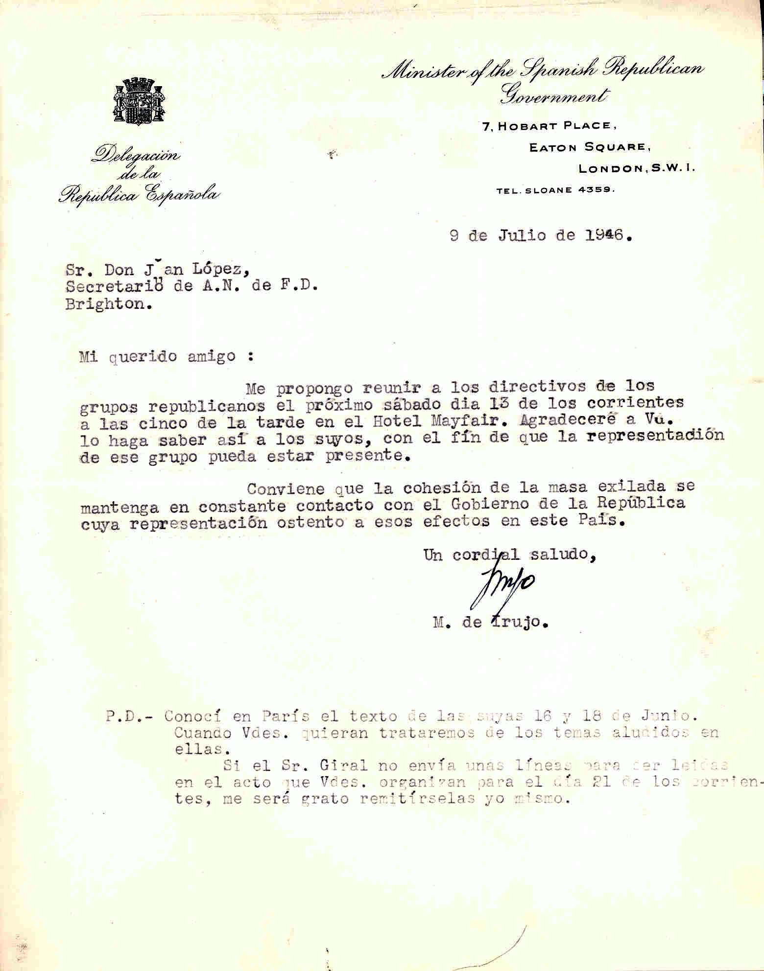 Carta de Manuel de Irujo, ministro de la República, en la que convoca a los dirigentes de la ANFD y de los grupos republicanos a una reunión el día 13 de julio