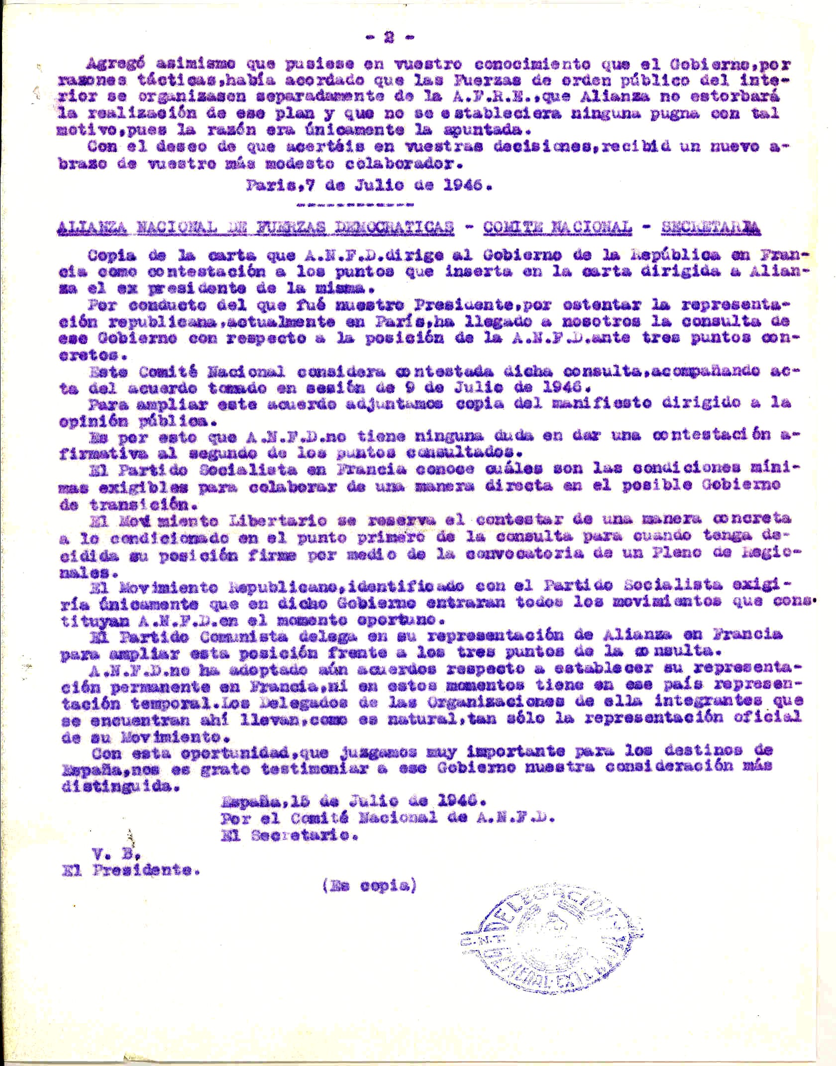 Copia de una carta de la Delegación de CNT en el exterior en la que se incluye otra que el Comité Nacional de la ANFD de España dirigió al Gobierno de la República sobre la posible colaboración entre ambos