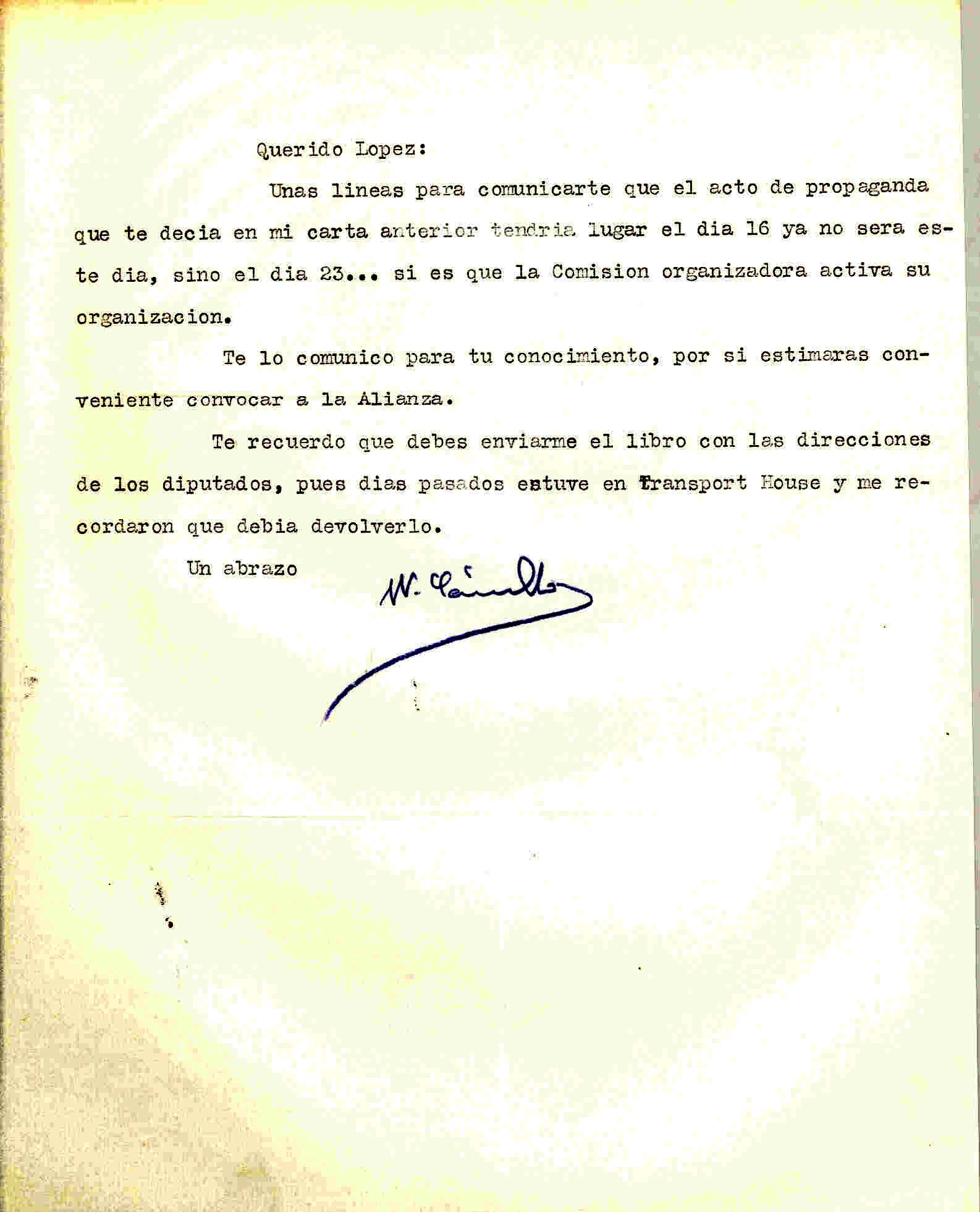 Carta de Wenceslao Carrillo anunciando el cambio de fecha de un acto de propaganda por si es necesario convocar a la Alianza.