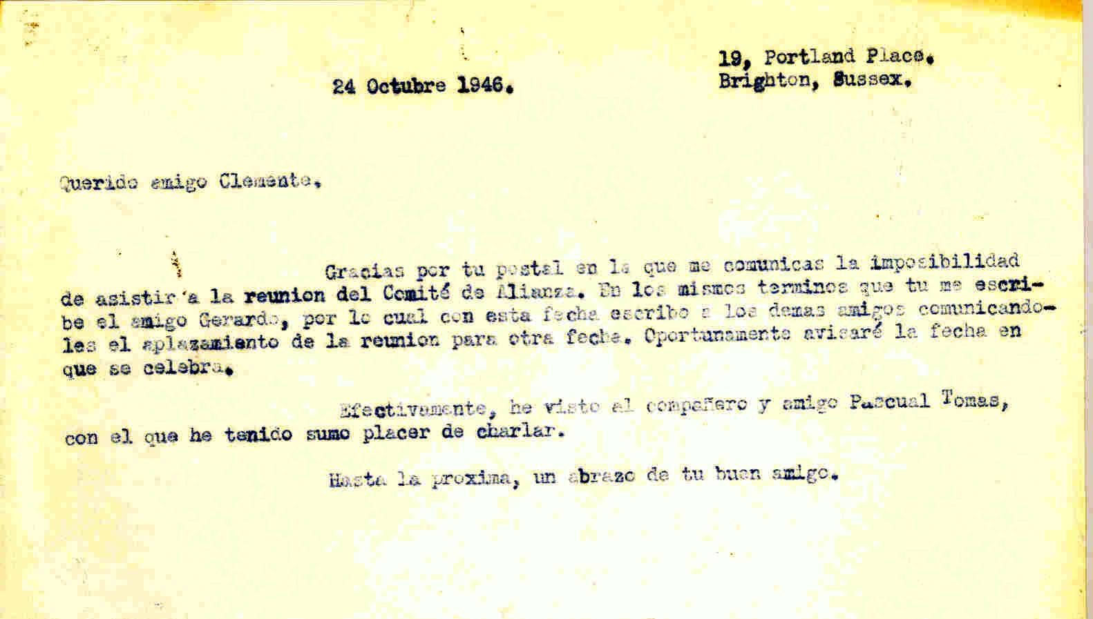 Carta a Clemente García agradeciendole la postal en la que comunicaba la imposibilidad de asistir a la reunión del Comité de la Alianza.