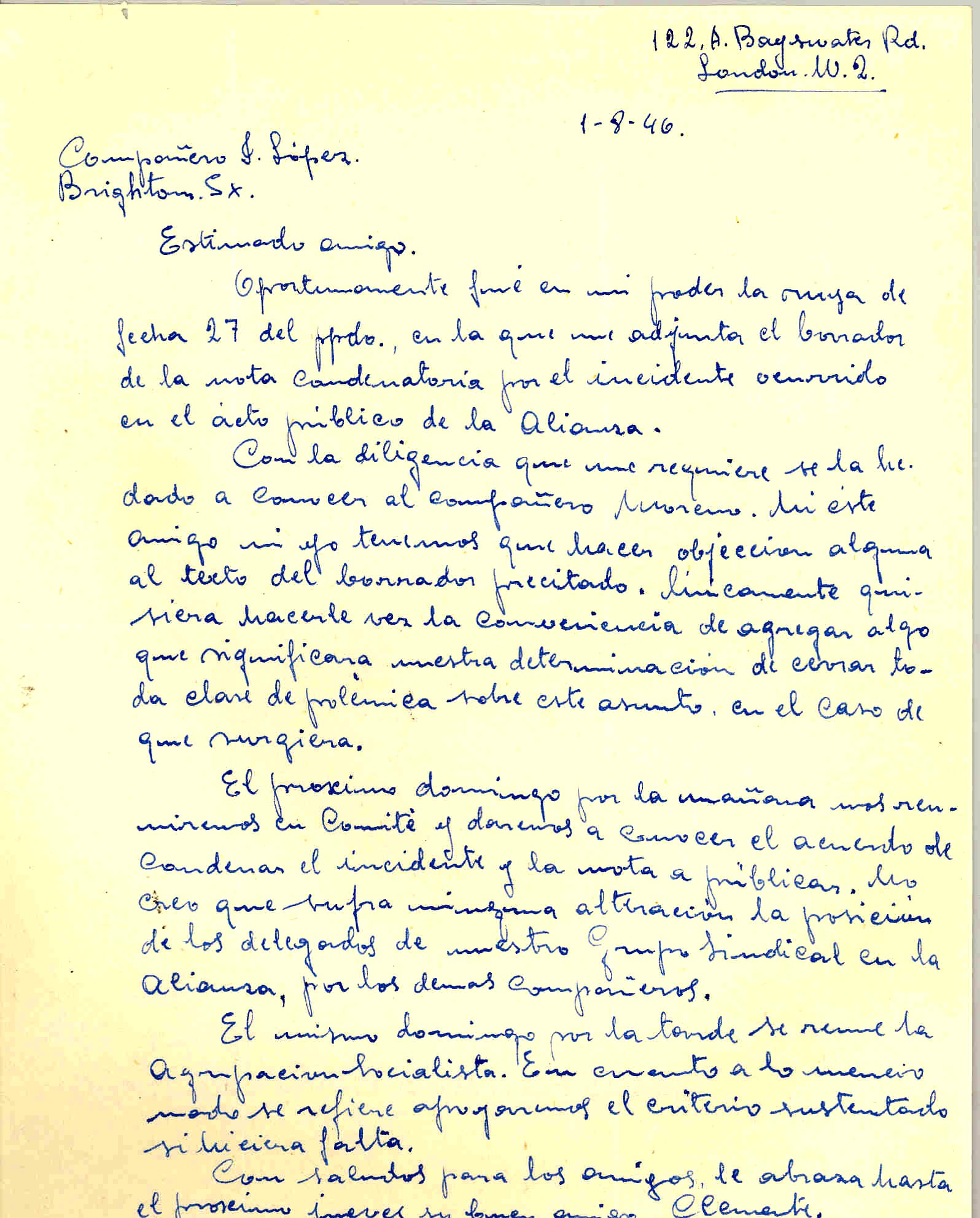 Carta de Clemente García en la que comunica que publicará la nota de la pasada reunión de la Alianza.