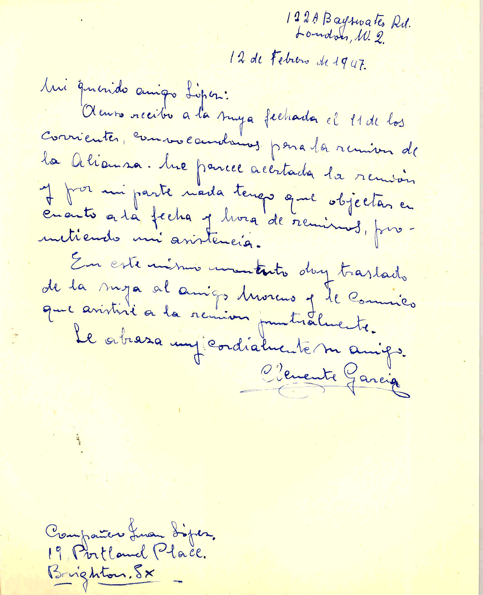 Carta de Cemente García comentando que está de acuerdo en que se realice la reunión de ANFD nombrada en la carta anterior.