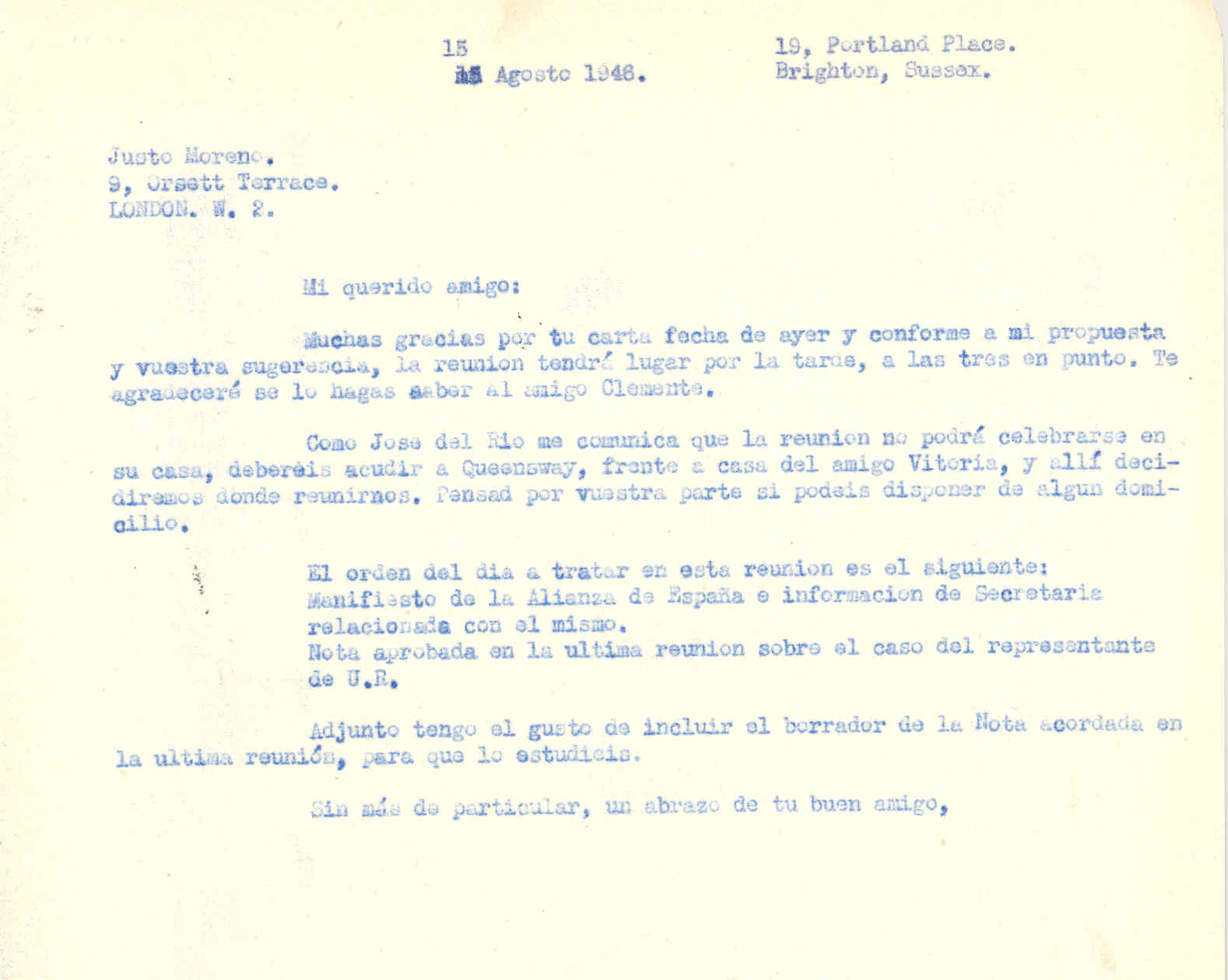 Carta a Justo Moreno informando de la fecha y lugar de la próxima reunión de la ANFD para tratar el tema del manifiesto de la Alianza de España.