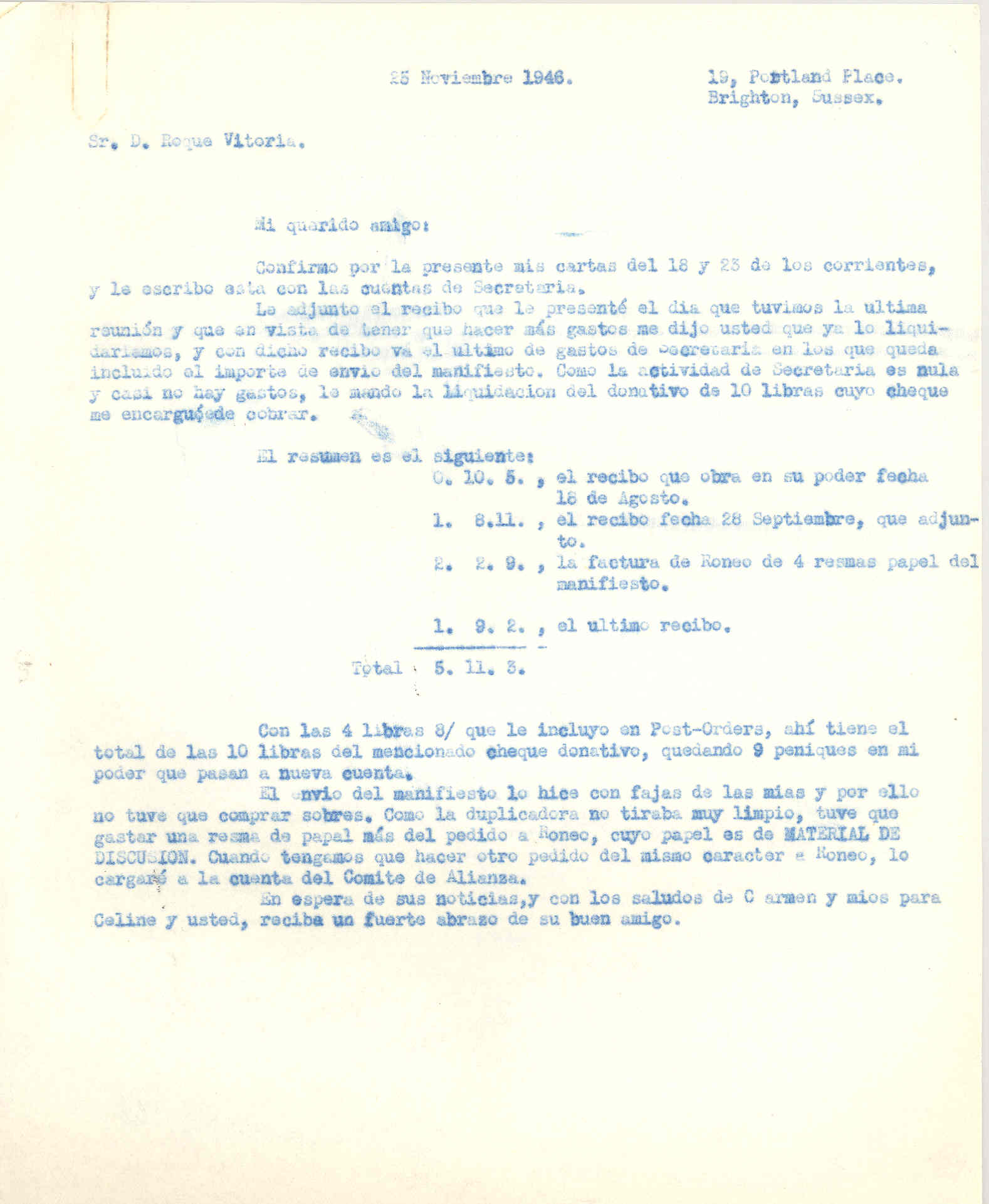 Carta a Roque Victoria, tesorero de la ANFD, en la que le refiere los gastos de la Secretaría de la ANFD.