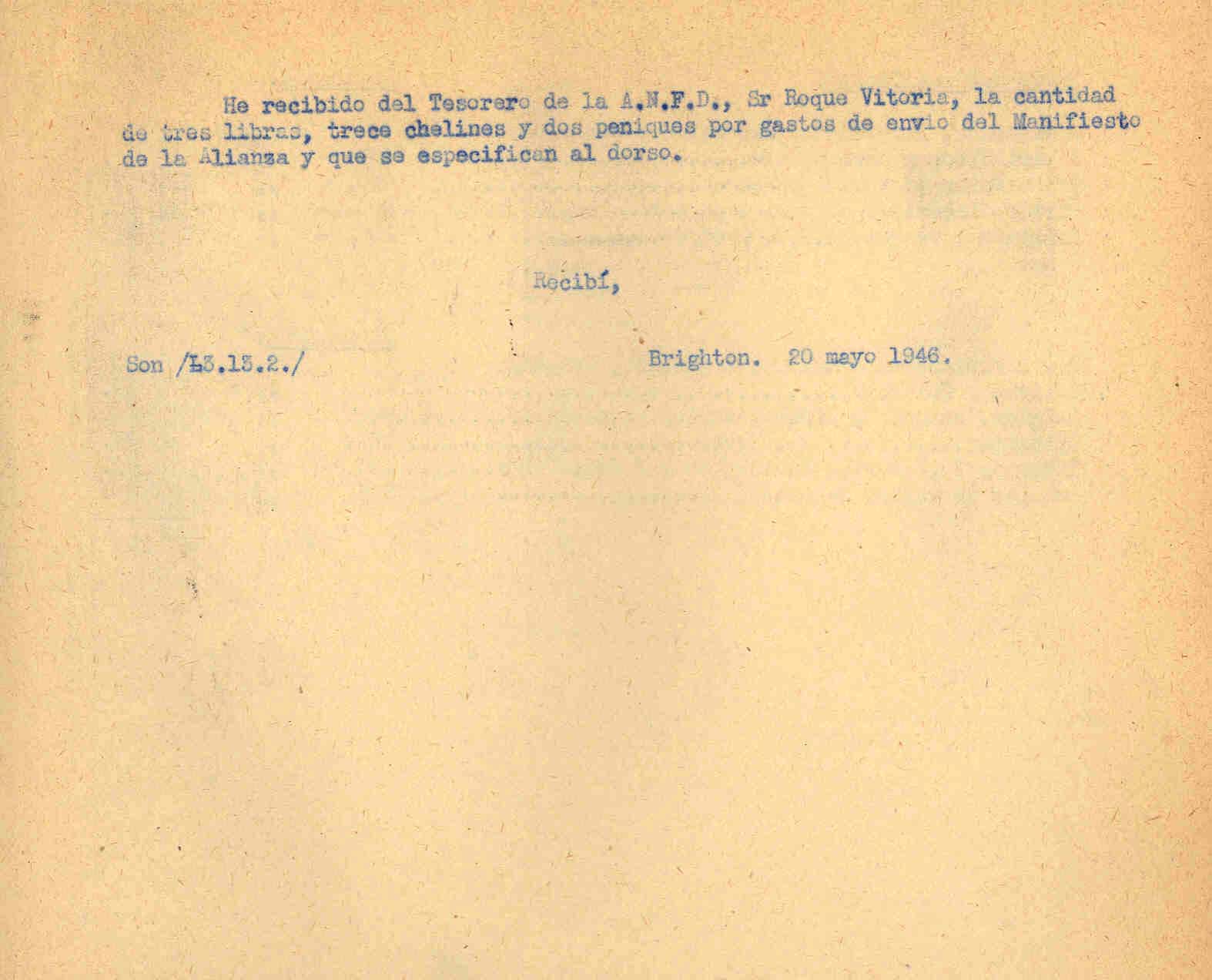 Acuse de recibo de dinero de Juan López por gastos de secretaría de la ANFD.