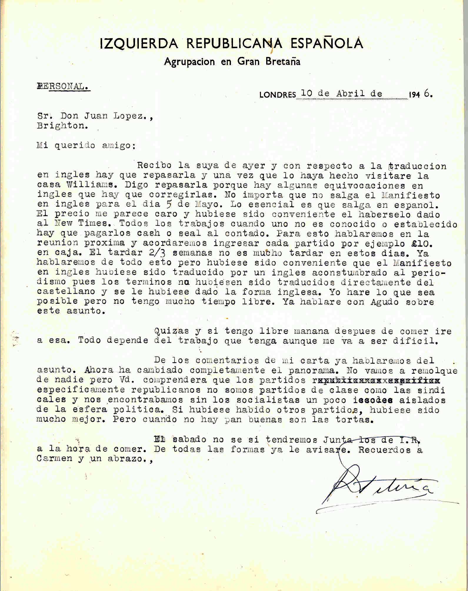 Carta de Roque Victoria en la que habla de la traducción del texto de la Alianza para enviarla a la casa Williams.