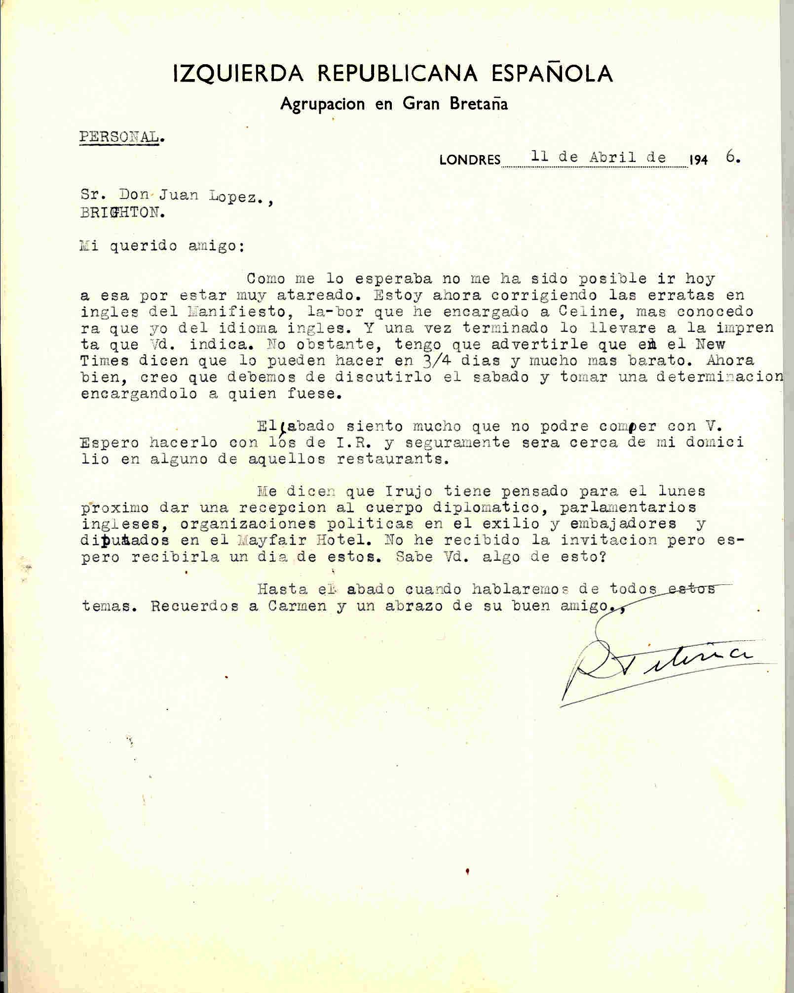 Carta de Roque Victoria en la que cuenta que se está corrigiendo el manifiesto de la Alianza.
