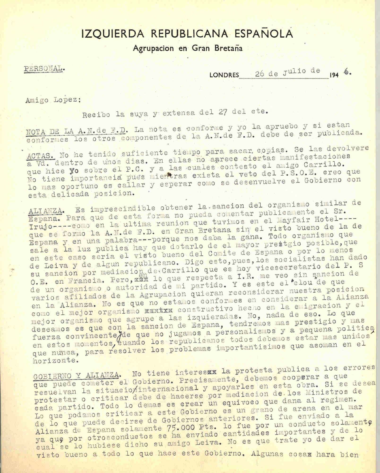 Carta de Roque Victoria opinando que es imprescindinble obtener la sanción del organismo similar de la ANFD de España.