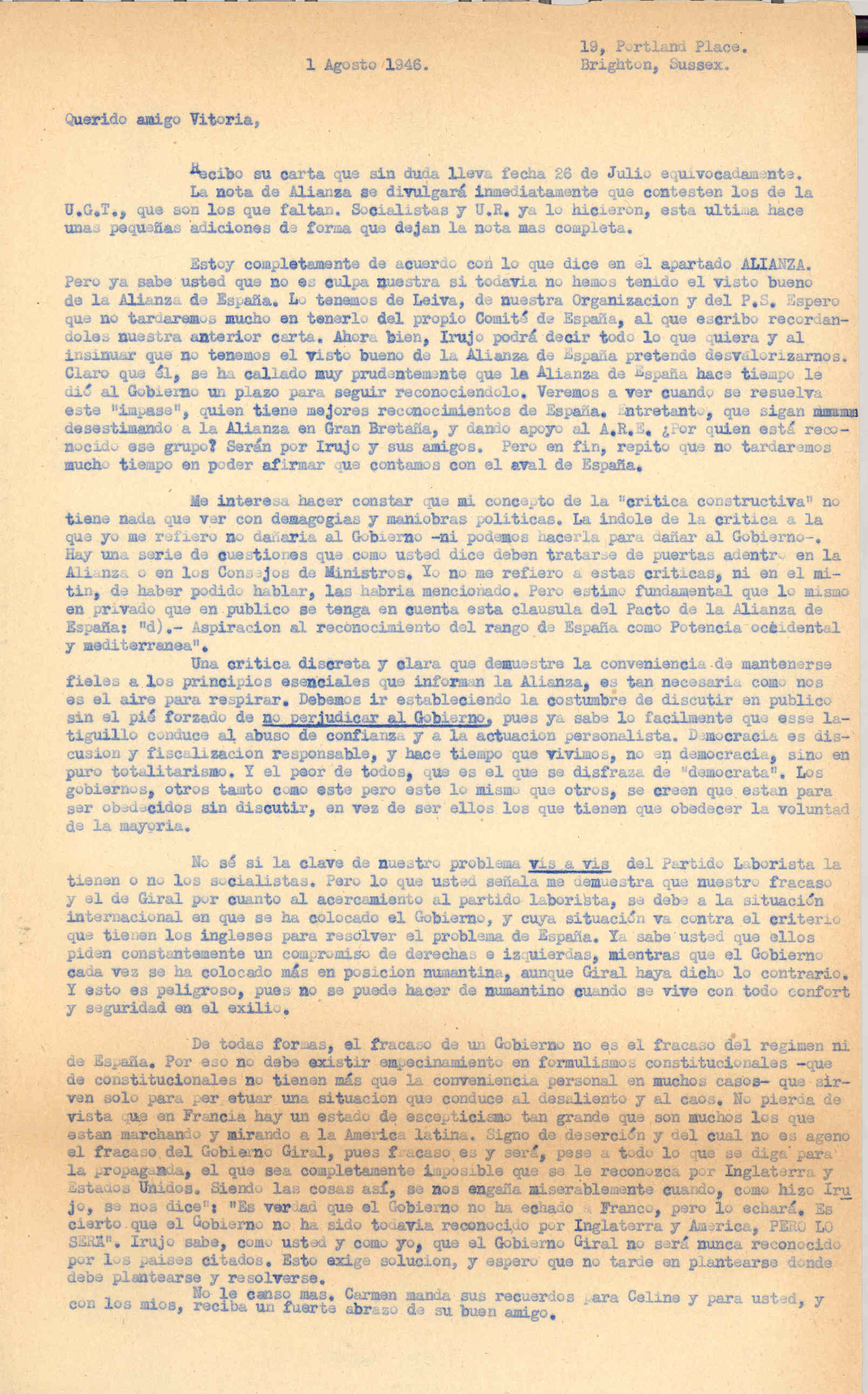 Carta a Roque Victoria opinando sobre la sanción del organismo similar de la ANFD de España y del fracaso del acercamiento al Partido Laborista.