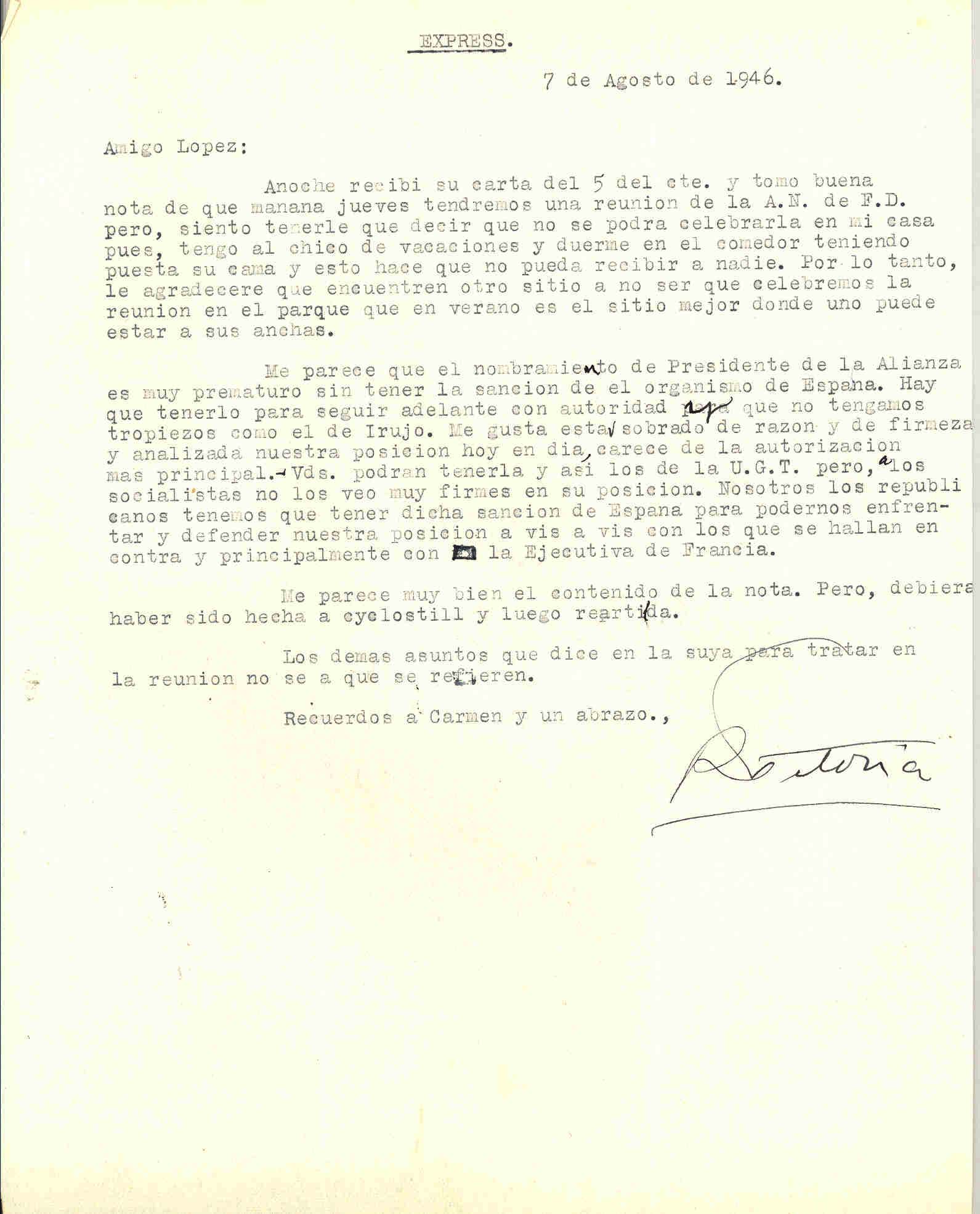 Carta de Roque Victoria en la que habla de cambiar el sitio de la reunión para nombrar al presidente de la ANFD.