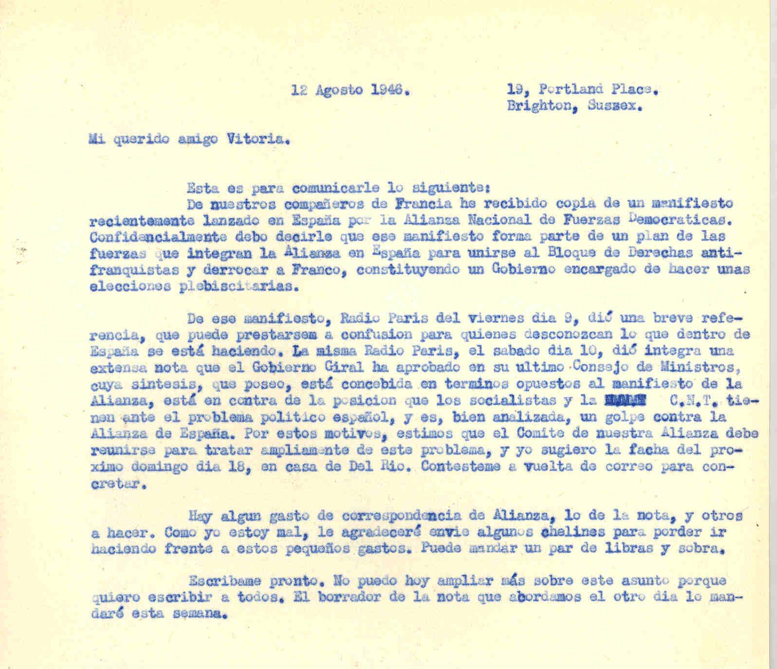 Carta a Roque Victoria hablando de un manifiesto lanzado por ANFD en España para derrotar a Franco; el gobierno Giral es opuesto al manifiesto y en contra de socialistas y la CNT.