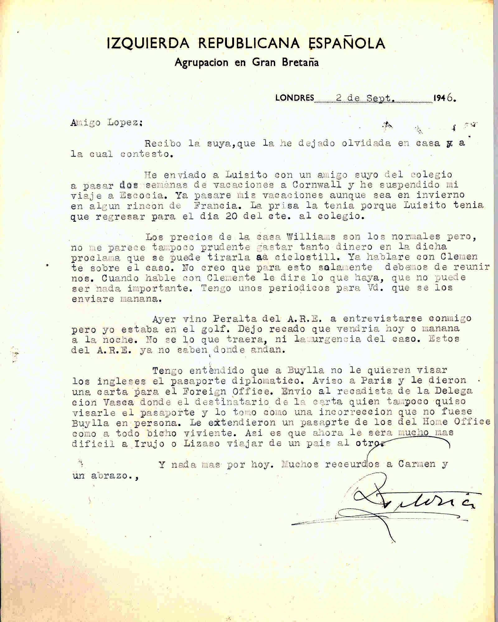 Carta de Roque Victoria en la que habla de la suspensión de su viaje a Escocia; del presupuesto de la casa Williams y de una futura entrevista con Peralta de la ARE.