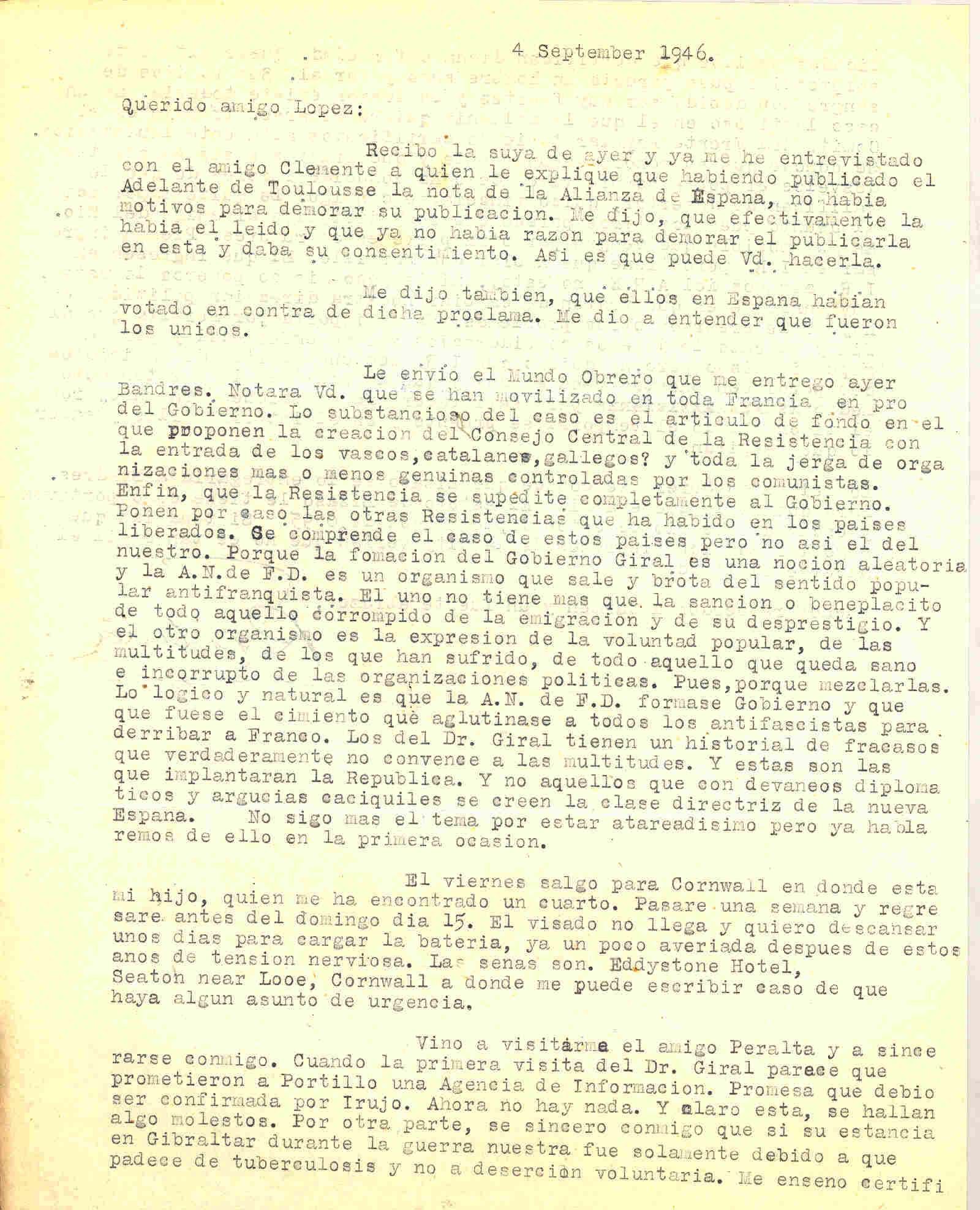 Carta de Roque Victoria en la que habla del desprestigio del gobierno Giral y que la ANFD debería formar gobierno para derribar a Franco. También habla de la visita de Peralta.