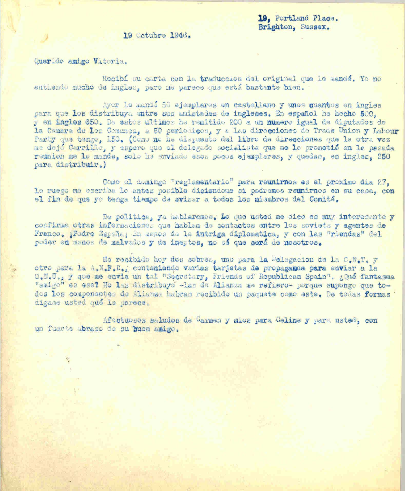 Carta a Roque Victoria hablando del envío de las copias del manifiesto de la ANFD y de un paquete recibido por Friends Of Republican Spain, los cuales no sabe quienes son.