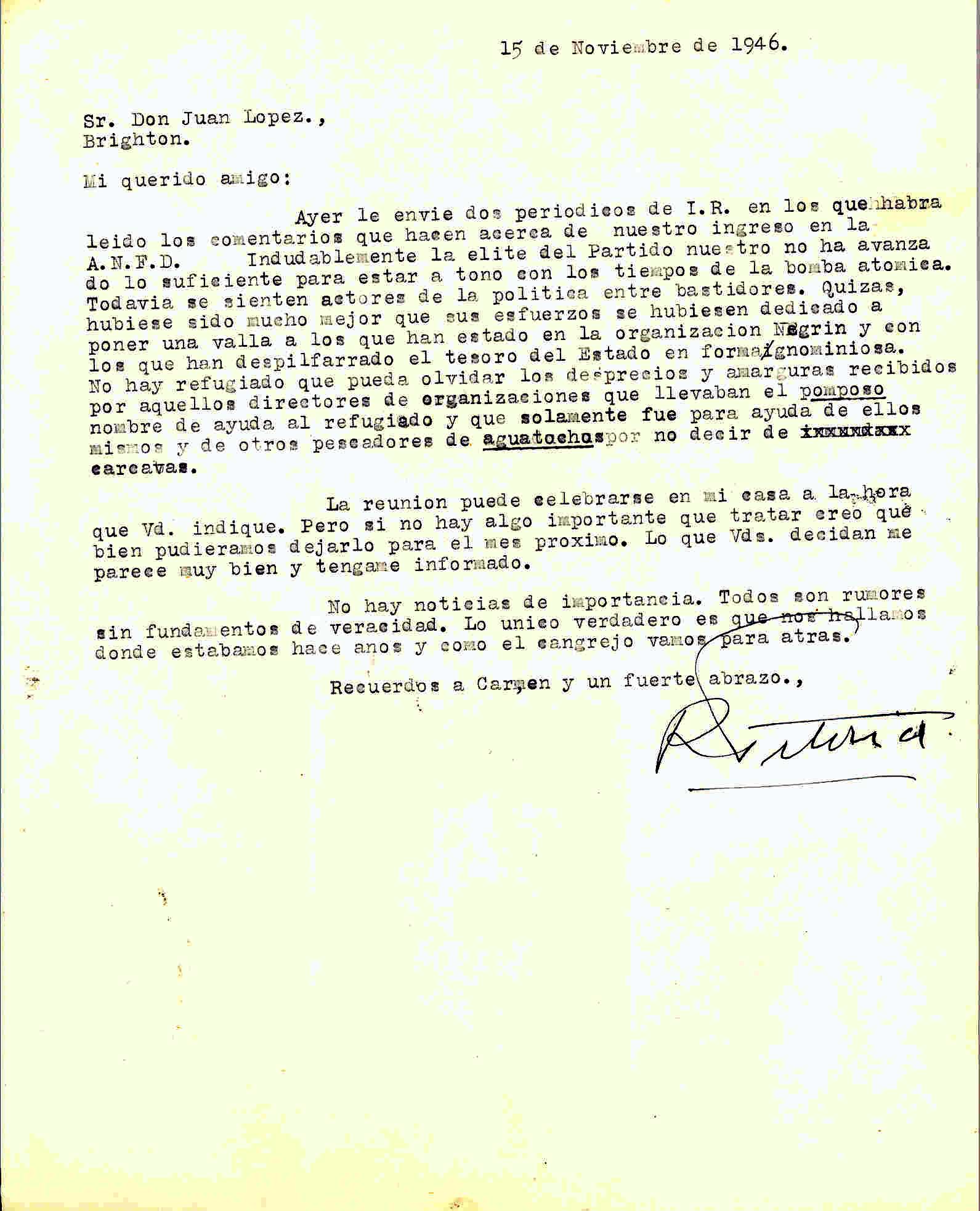 Carta de Roque Victoria en la que anuncia que le envió varias publicaciones de Izquierda Republicana y que al no haber temas de interés, la reunión de la ANFD podría posponerse para el mes siguiente.