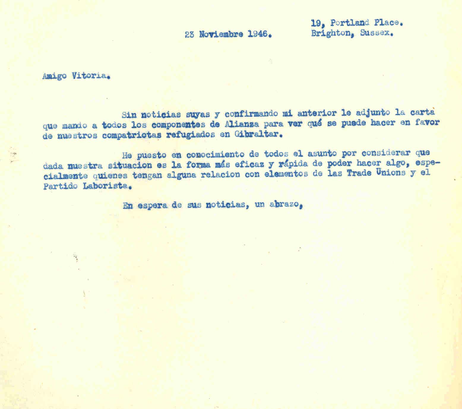 Carta a Roque Victoria con la que adjuntó carta a todos los componentes de la Alianza para ver qué se podía hacer en favor de los compatriotas refugiados en Gibraltar.