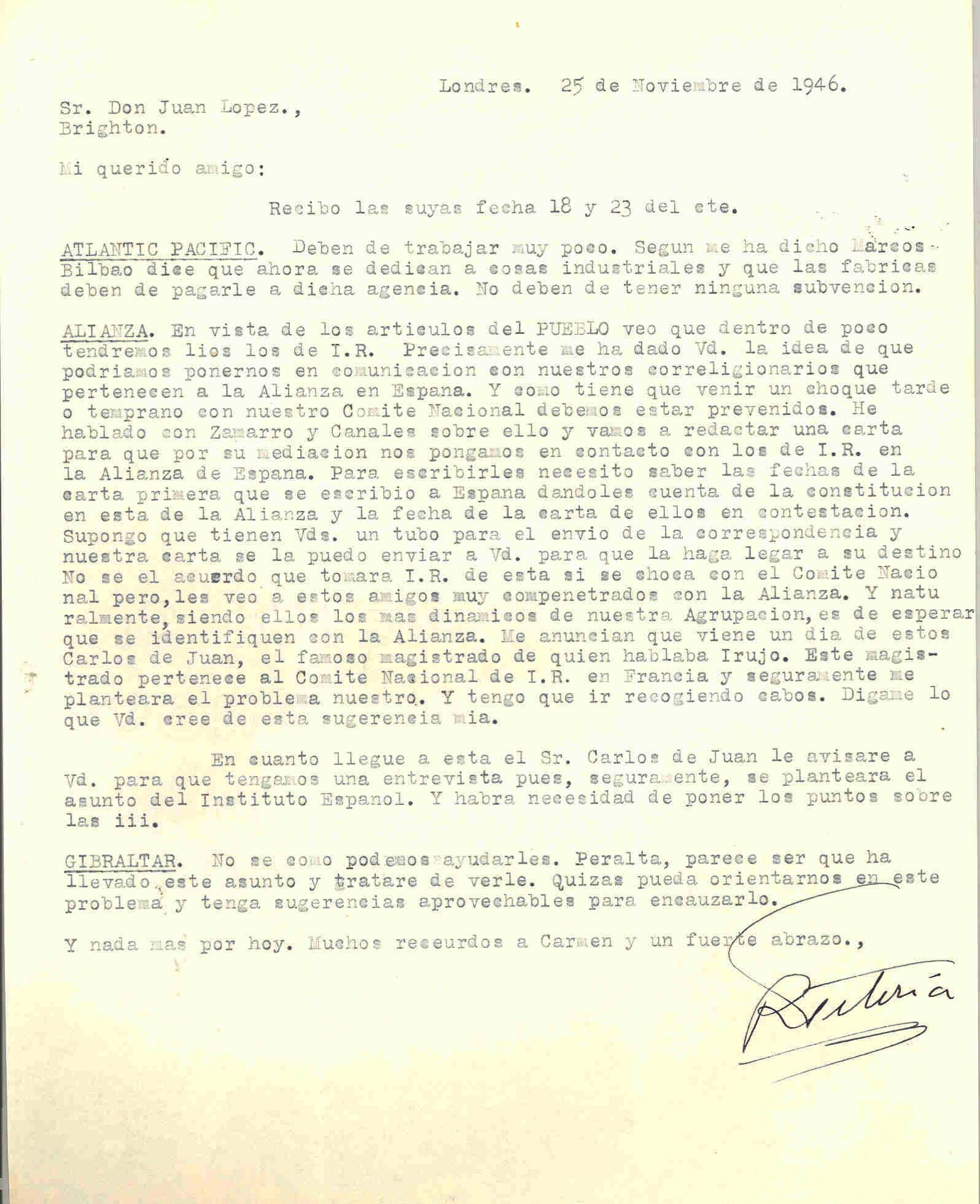 Carta de Roque Victoria en la que habla de redactar una carta para ponerse en contacto con los de Izquierda Republicana en la Alianza de España para prevenir el choque con el Comité Nacional.