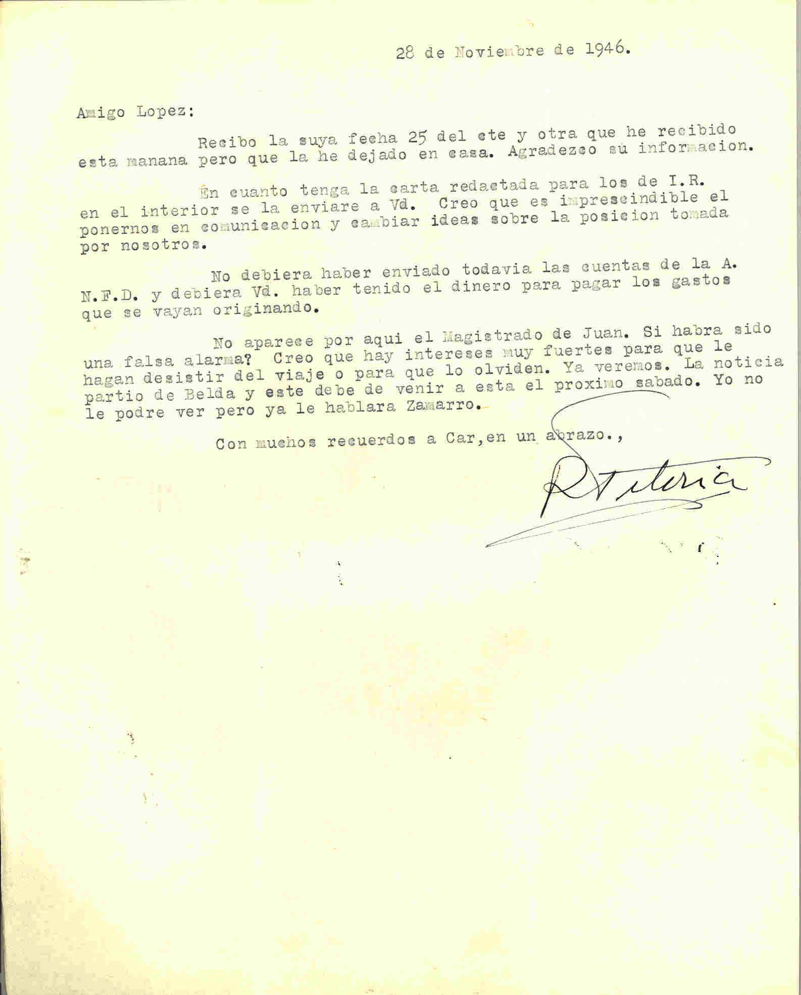 Carta de Roque Victoria hablando de la carta redactada para ponerse en contacto con los de Izquierda Republicana en el interior.