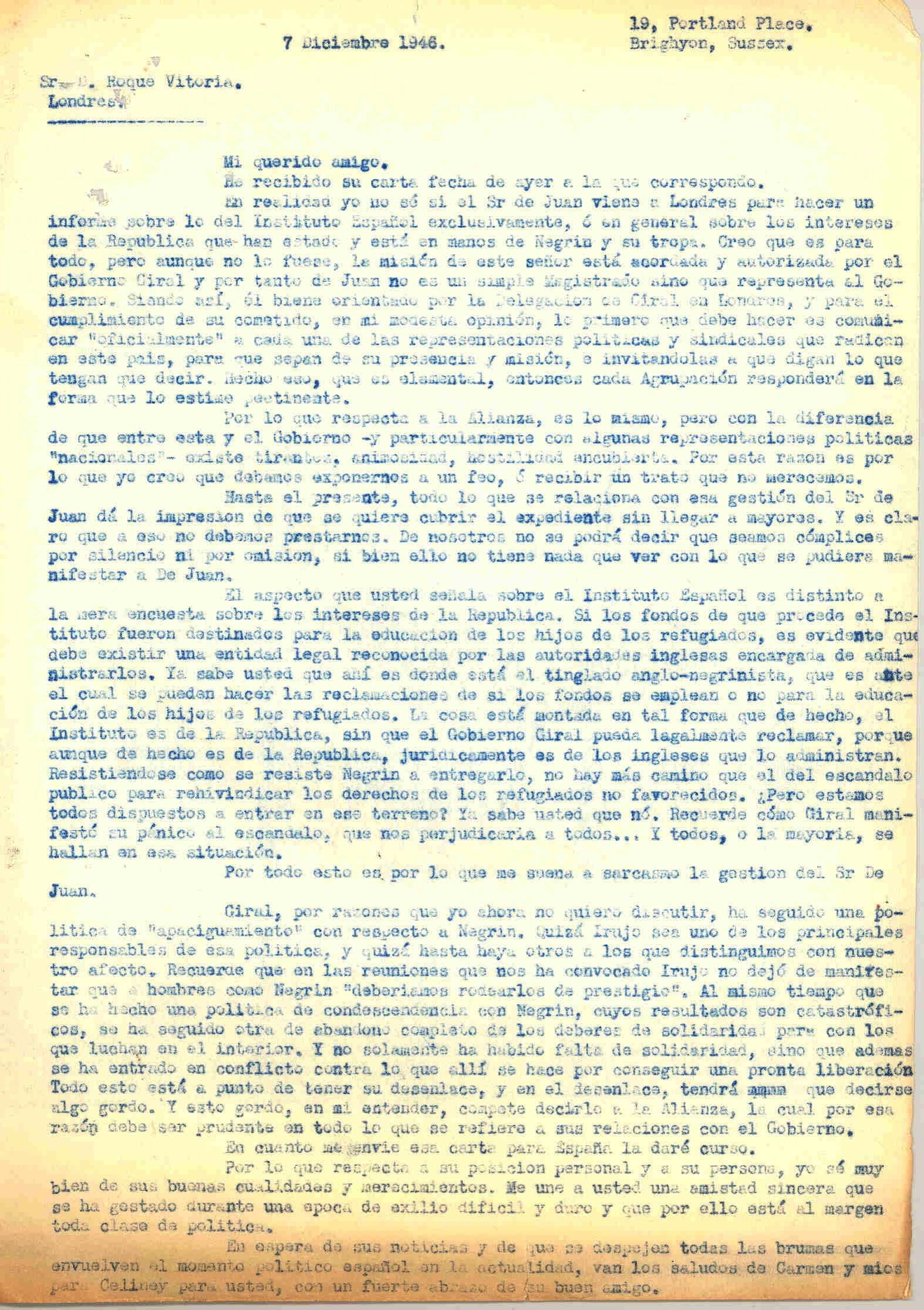 Carta a Roque Victoria en la que habla de que la visita de Carlos De Juan está autorizada por el gobierno Giral con el que la Alianza tiene tirantez.