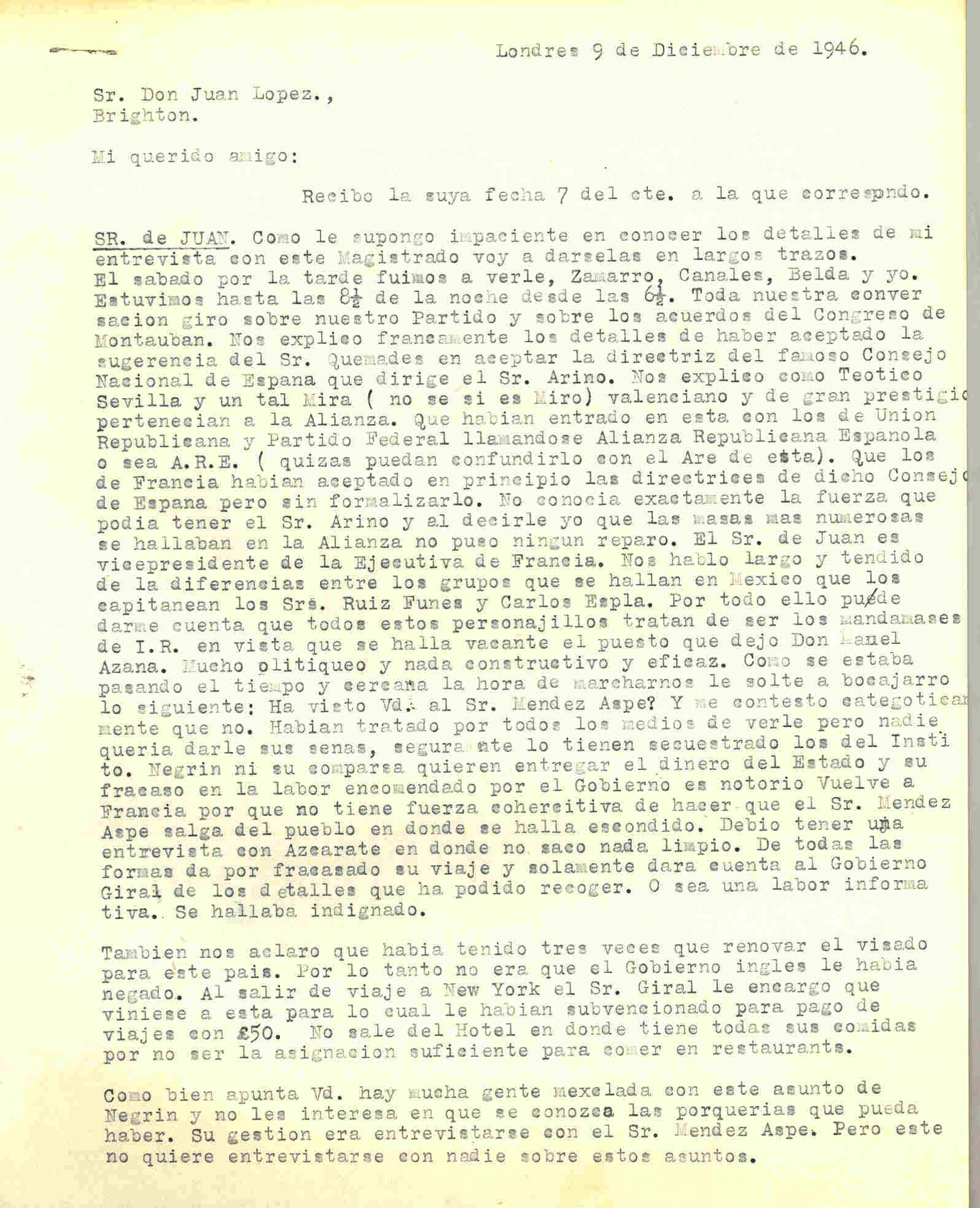 Carta de Roque Victoria en la que cuenta la entrevista que tuvo con Carlos de Juan junto a Zamarro, Canales y Belda.