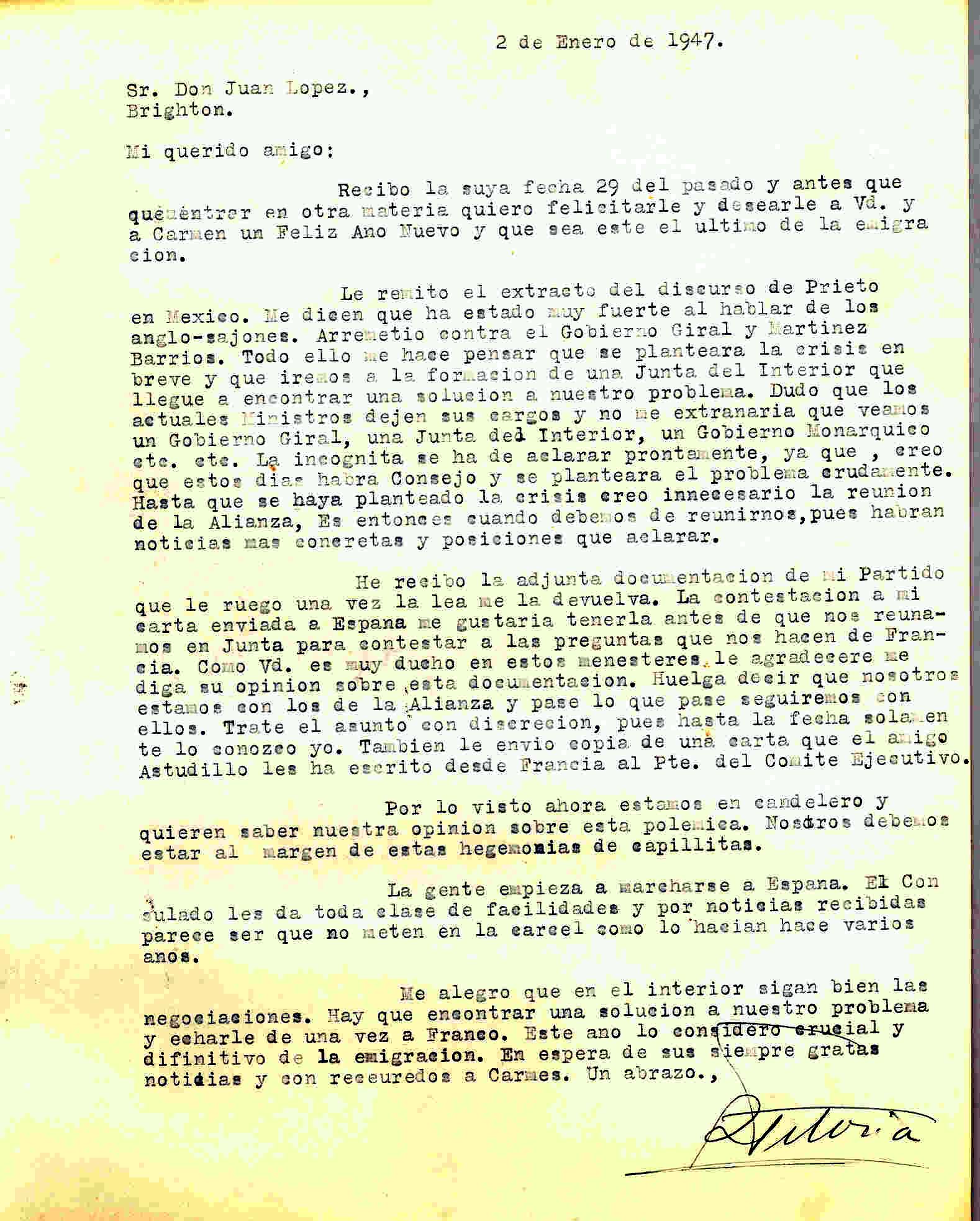 Carta de Roque Victoria en la que habla de un discurso de Prieto en México en el que fue en contra del gobierno Giral y Martínez Barrio.