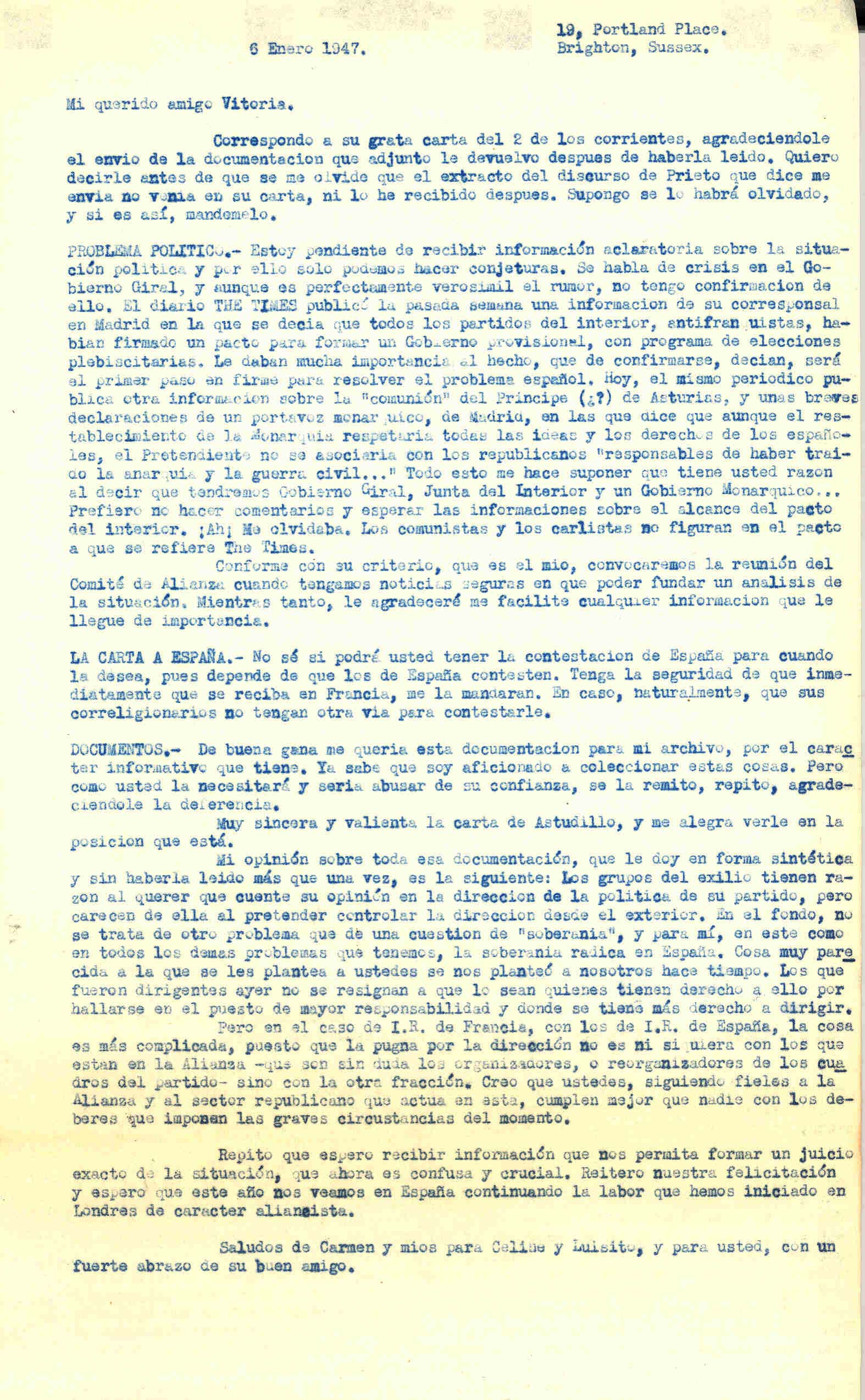 Carta a Roque Victoria en la que habla de la crisis del gobierno Giral y de una información publicada en The Times de un pacto firmando por los partidos del interior antifranquistas para formar un gobierno provisional, excepto los comunistas y carlistas.