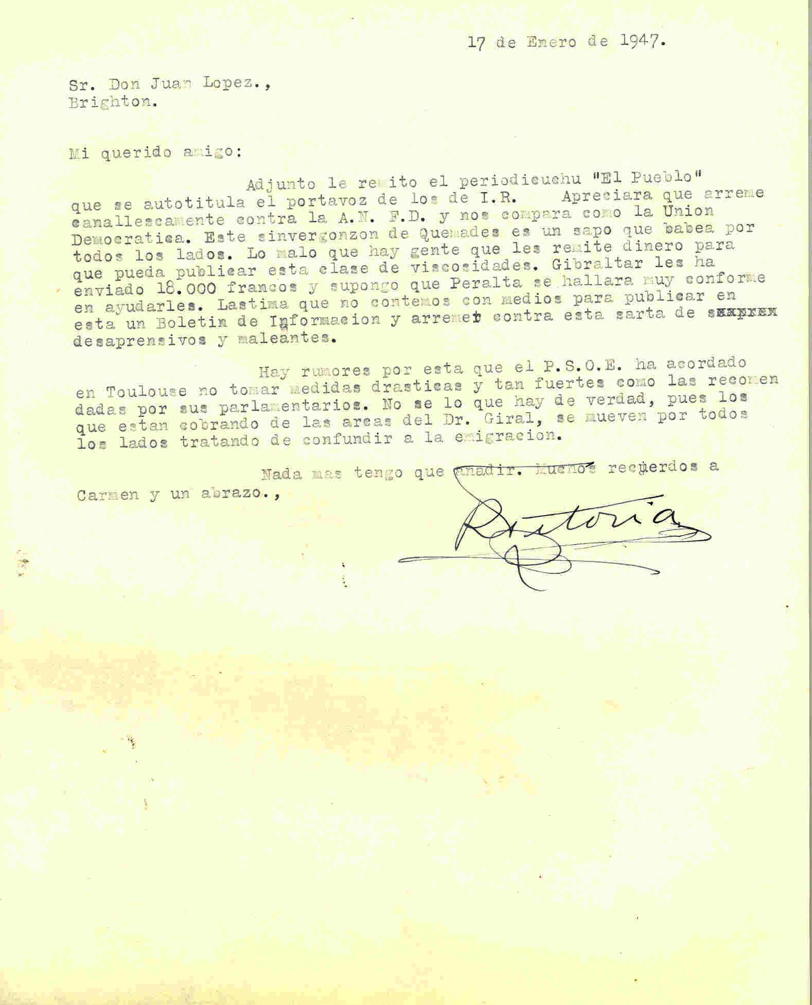 Carta de Roque Victoria con la que adjuntó el periódico El Pueblo en el que se meten con la Alianza Nacional de Fuerzas Democráticas.