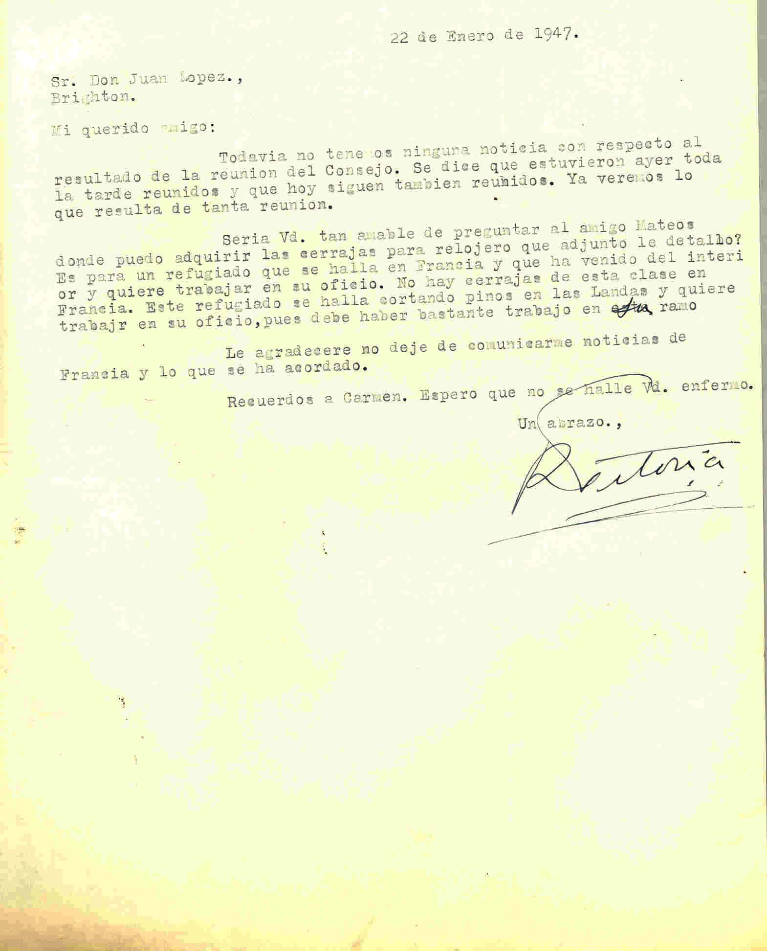 Carta de Roque Victoria en la que comunica que no hay noticias de la reunión del consejo de ministros.