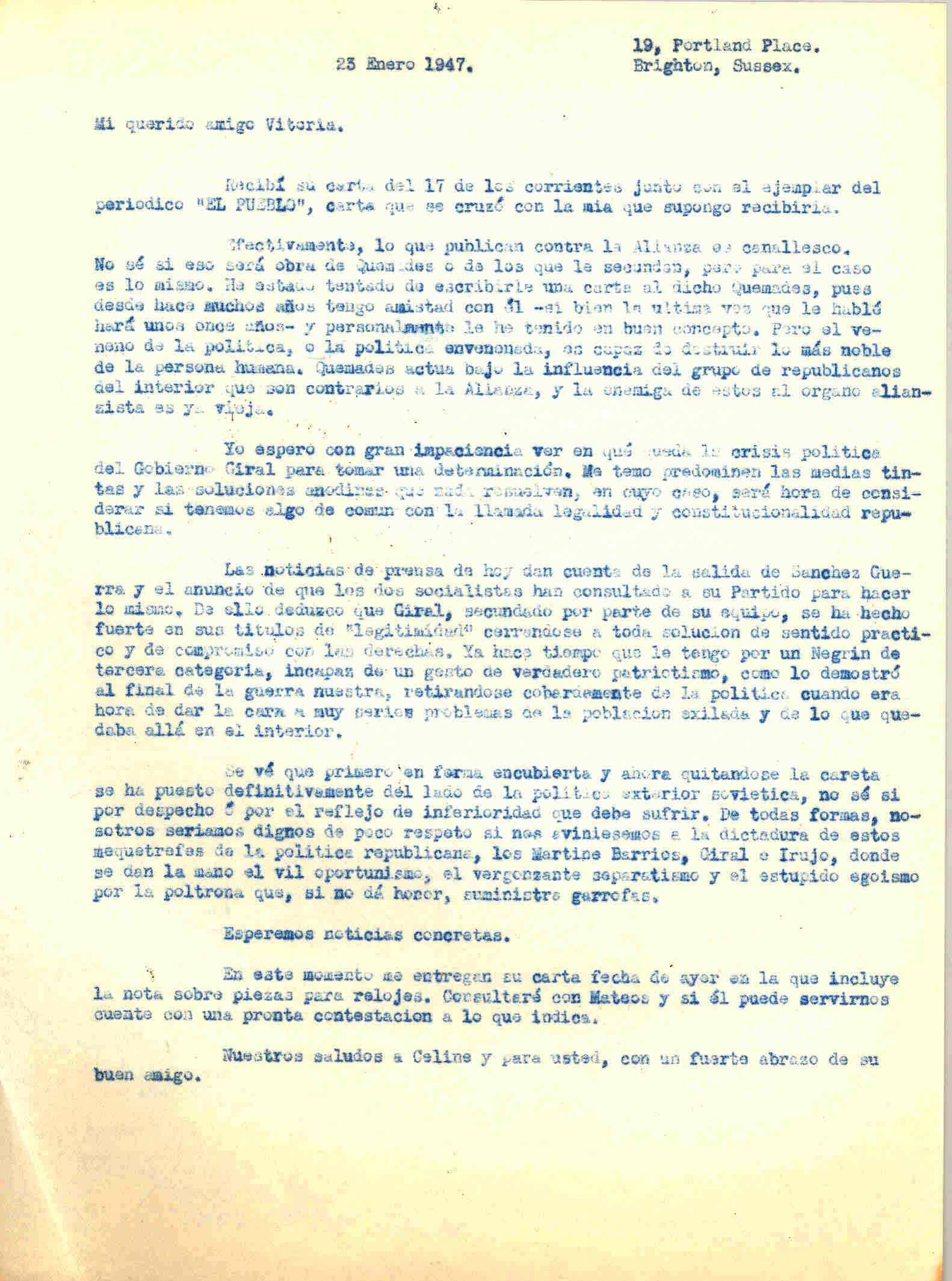 Carta a Roque Victoria en la que habla de la crisis política del gobierno Giral esperando acontecimientos para tomar determinaciones.