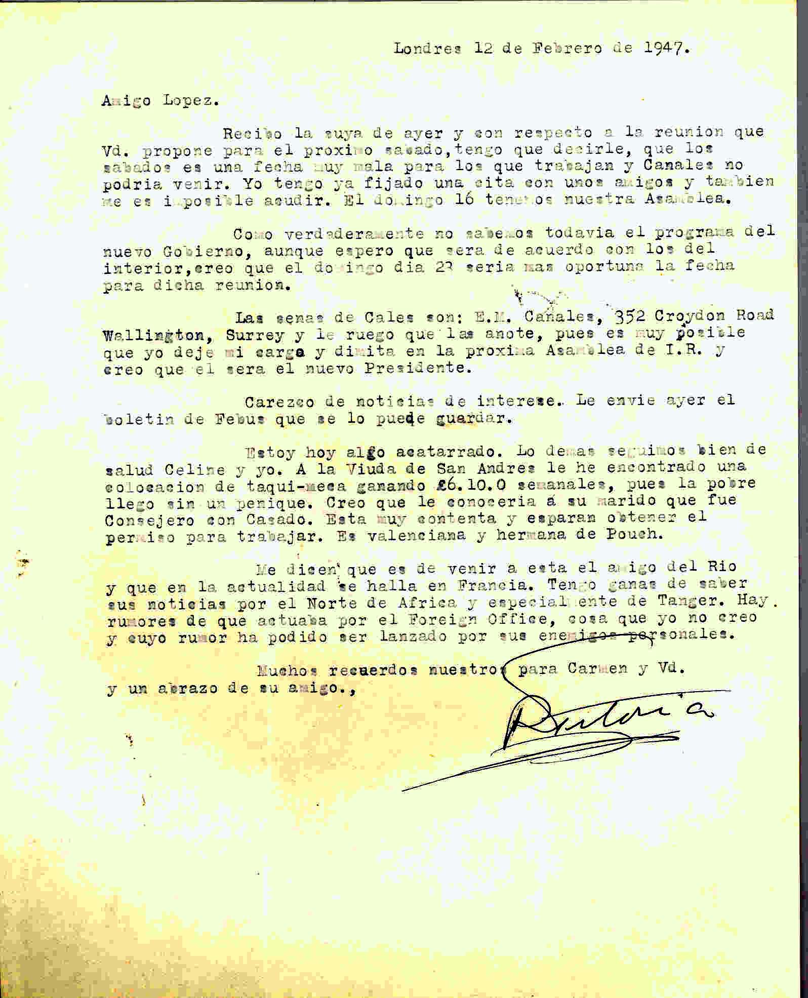 Carta de Roque Victoria contestando que no podrá ir a la reunión de la ANFD por tener otra de Izquierda Republicana ese mismo día.