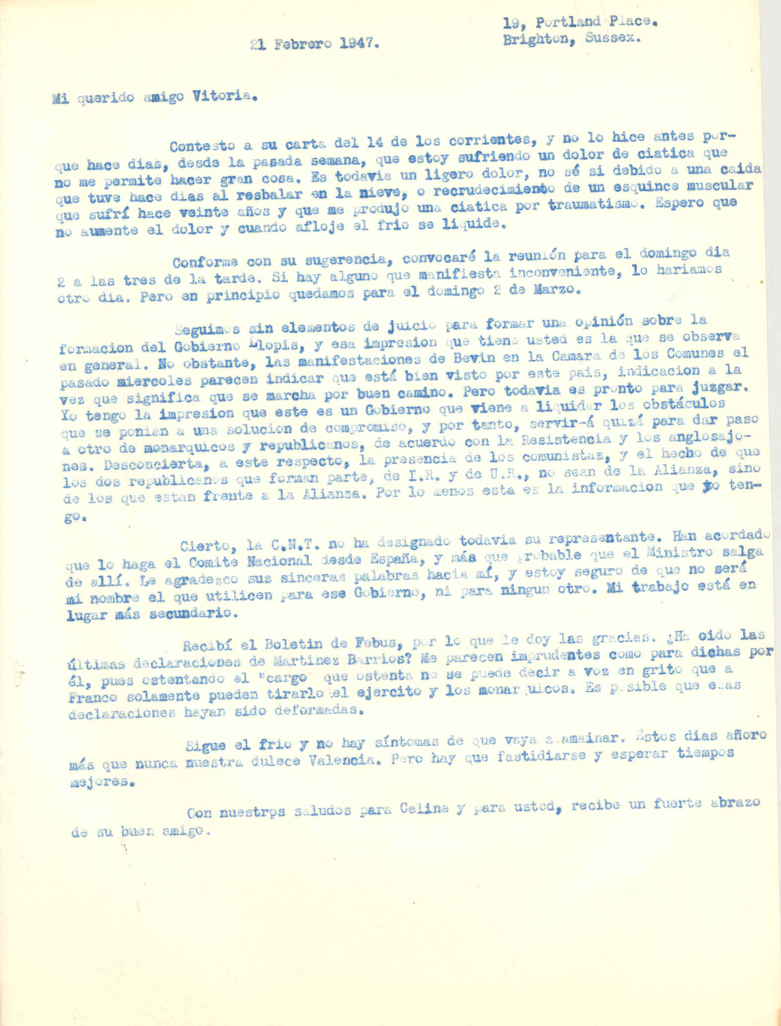 Carta a Roque Victoria en la que habla de la formación del gobierno Llopis, aunque no tienen elementos de juicio.