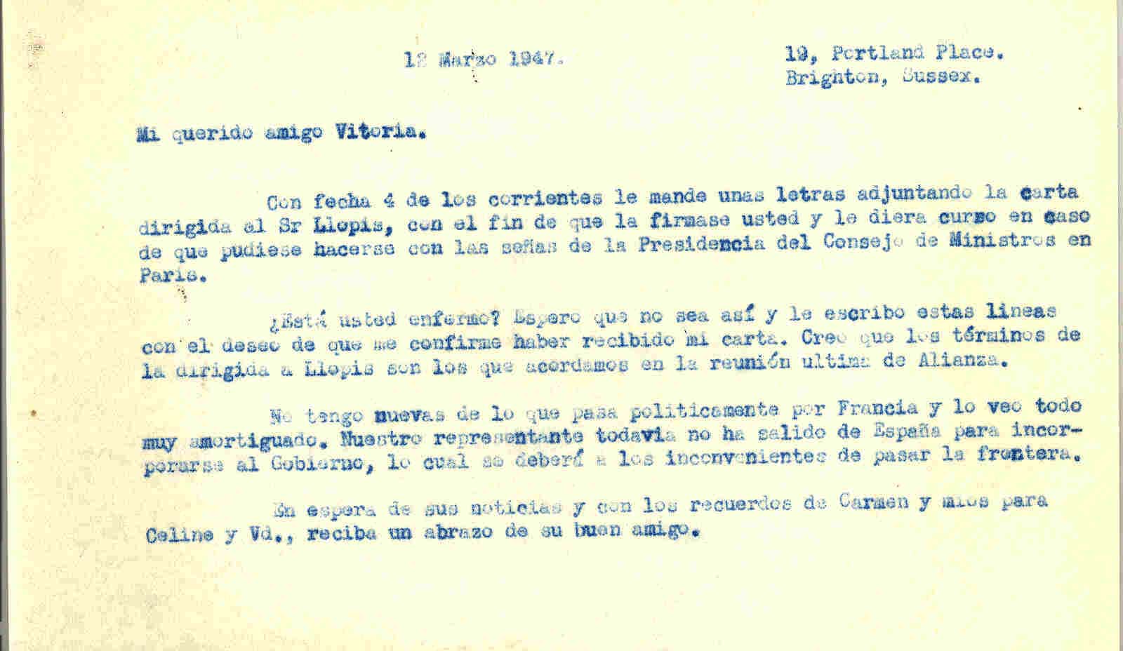 Carta a Roque Victoria para pedirle contestación para saber si ha enviado la carta a Llopis.