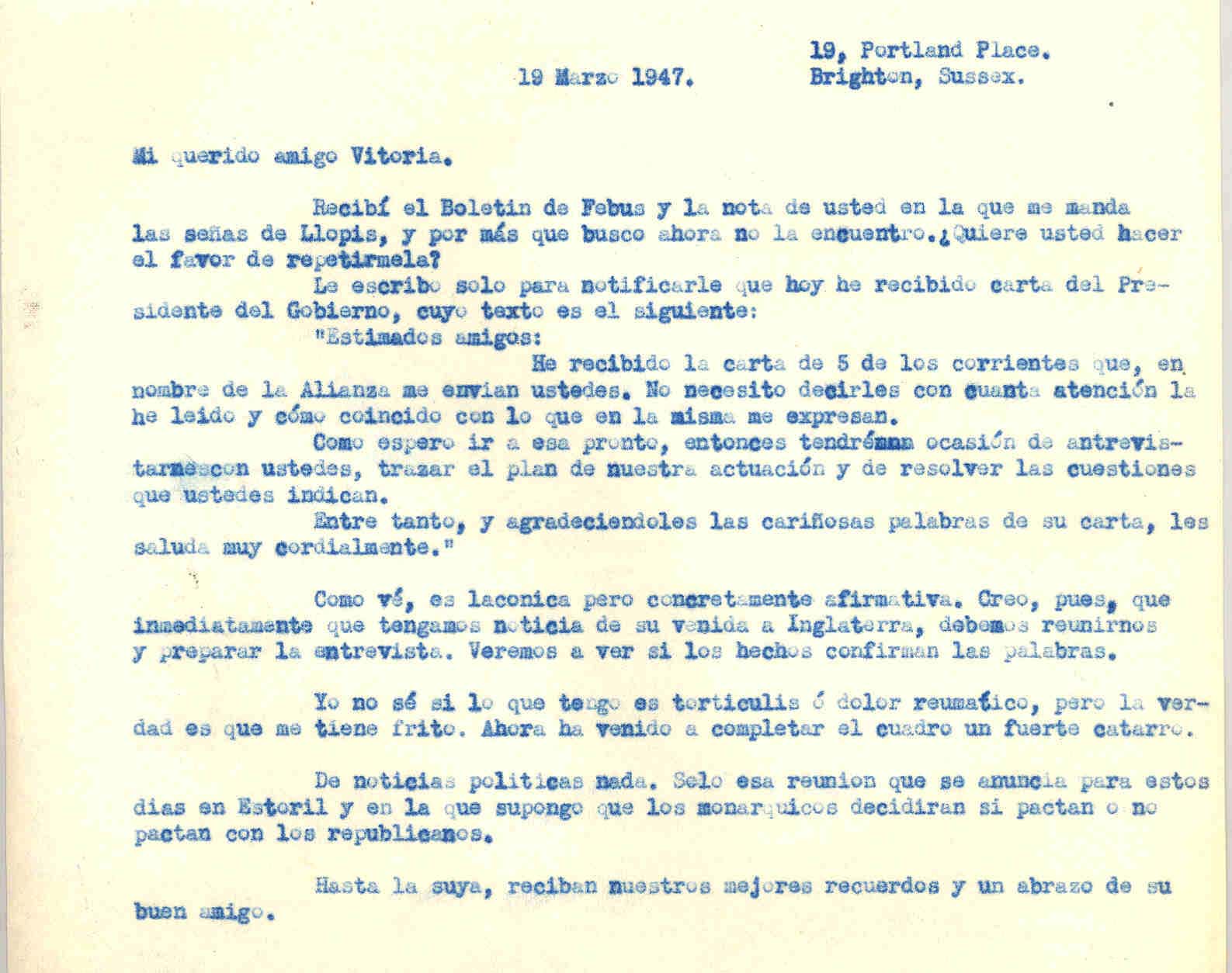 Carta a Roque Victoria en la que transcribe el texto de una lacónica carta que envió el presidente del gobierno de la república en la que dice que se entrevistará con ellos (ANFD) cuando viaje a Inglaterra.
