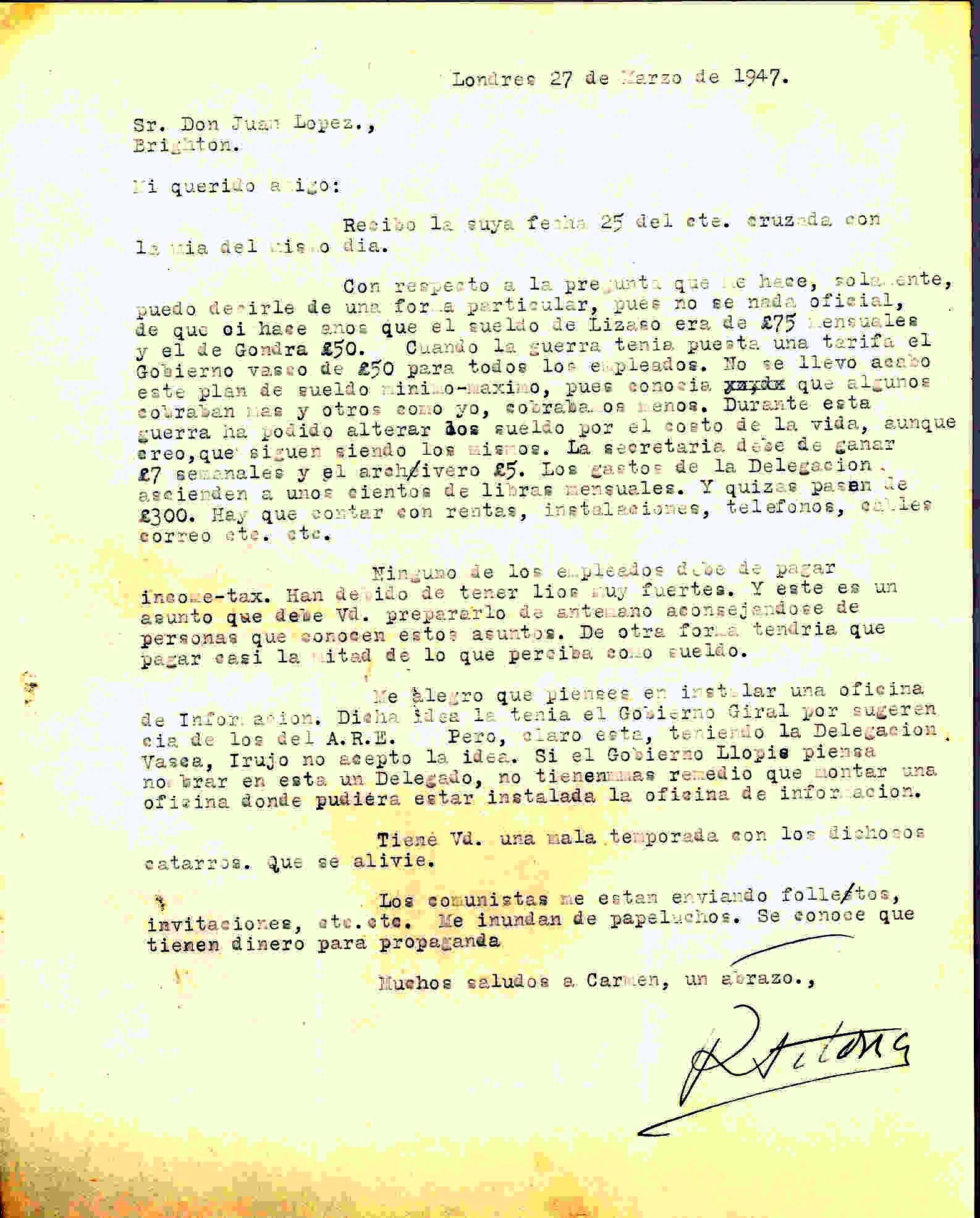Carta de Roque Victoria en la informa de los sueldos del personal de la delegación del gobierno vasco de una forma particular, pues no es oficial.