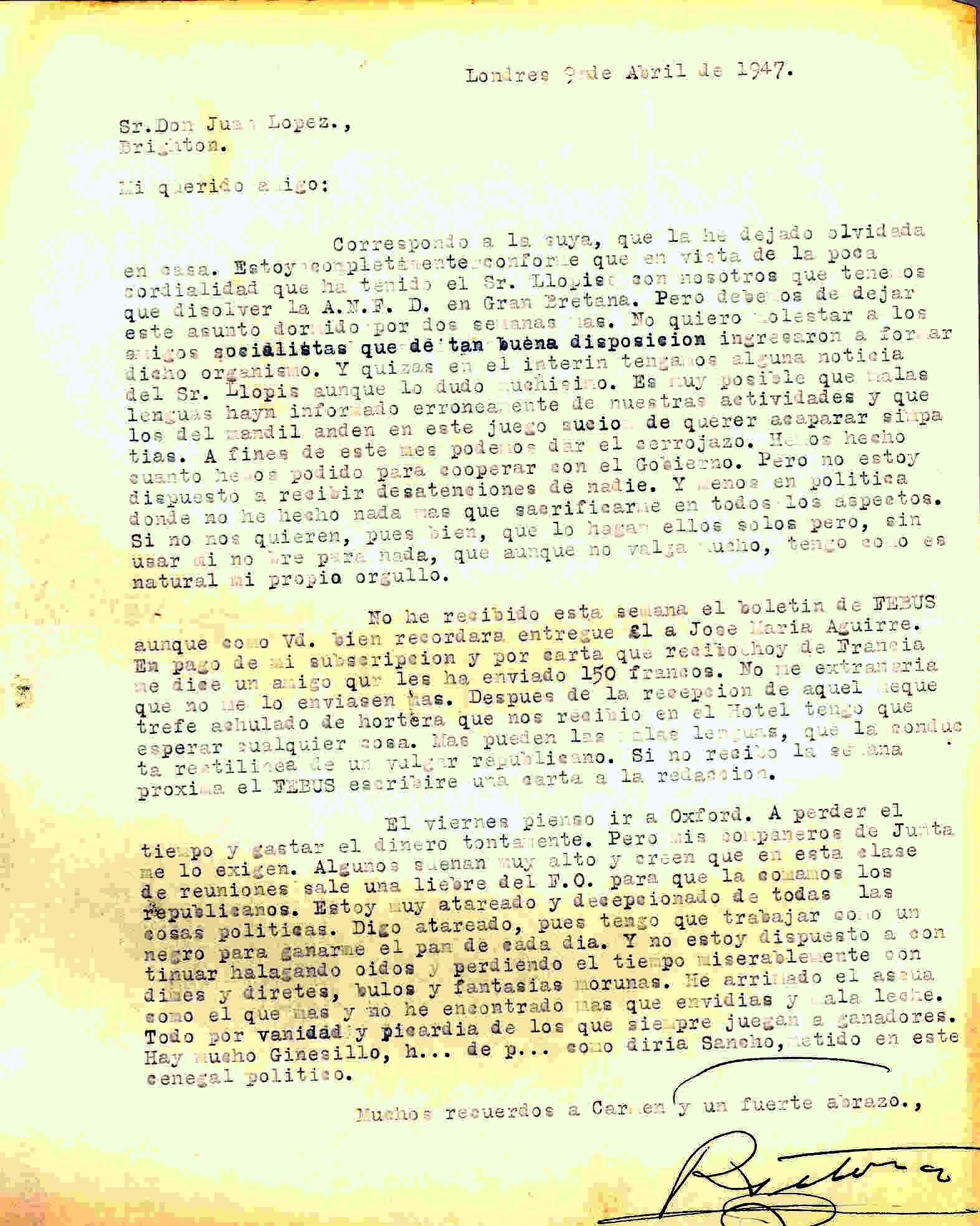 Carta de Roque Victoria en la que habla de la disolución de la Alianza Nacional de Fuerzas Democráticas en Gran Bretaña por la poca cordialidad que tuvo Llopis con ellos.