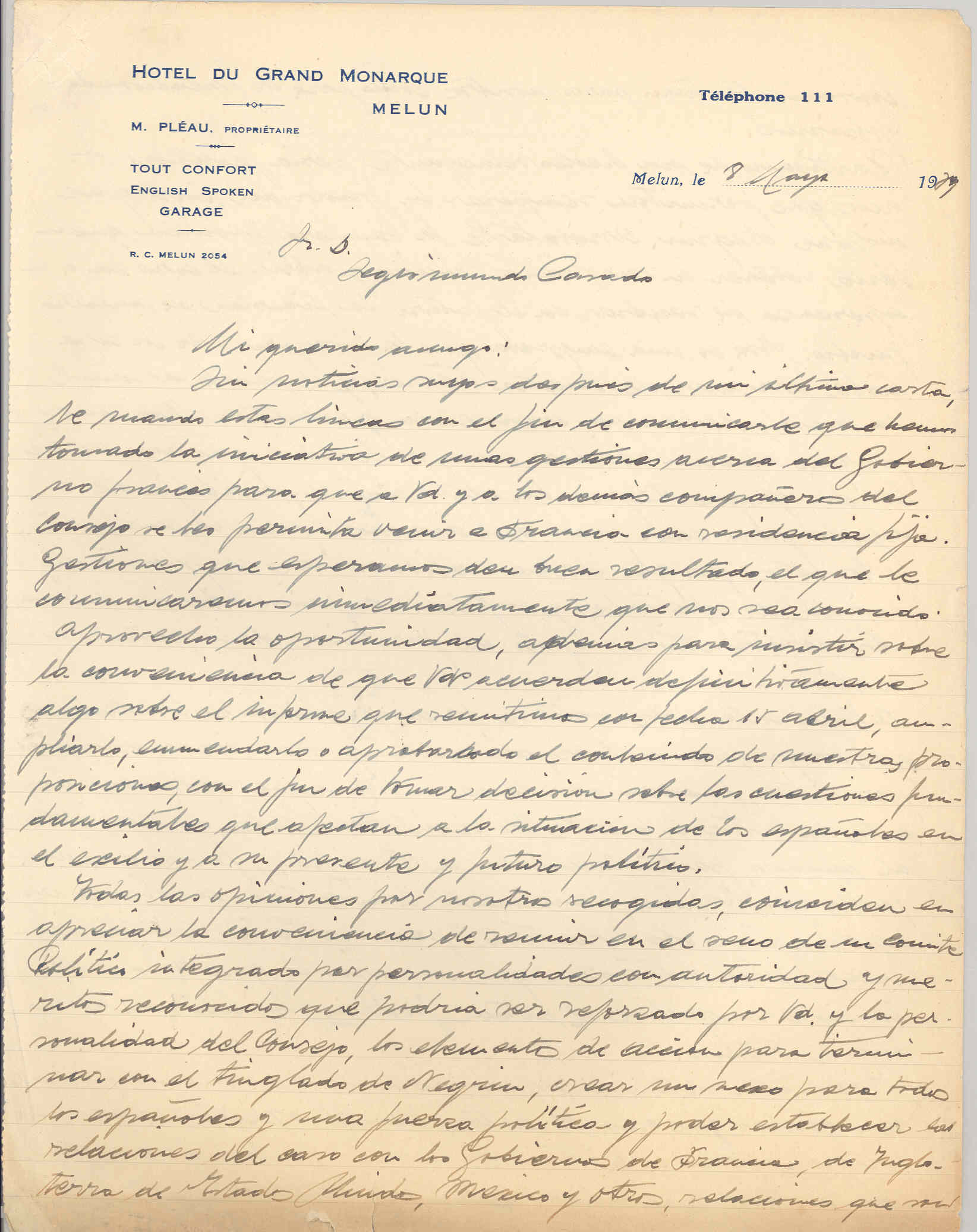 Carta a Segismundo Casado informando de gestiones con el gobierno francés y de la creación de un Comité Político para acabar con el tinglado Negrín.